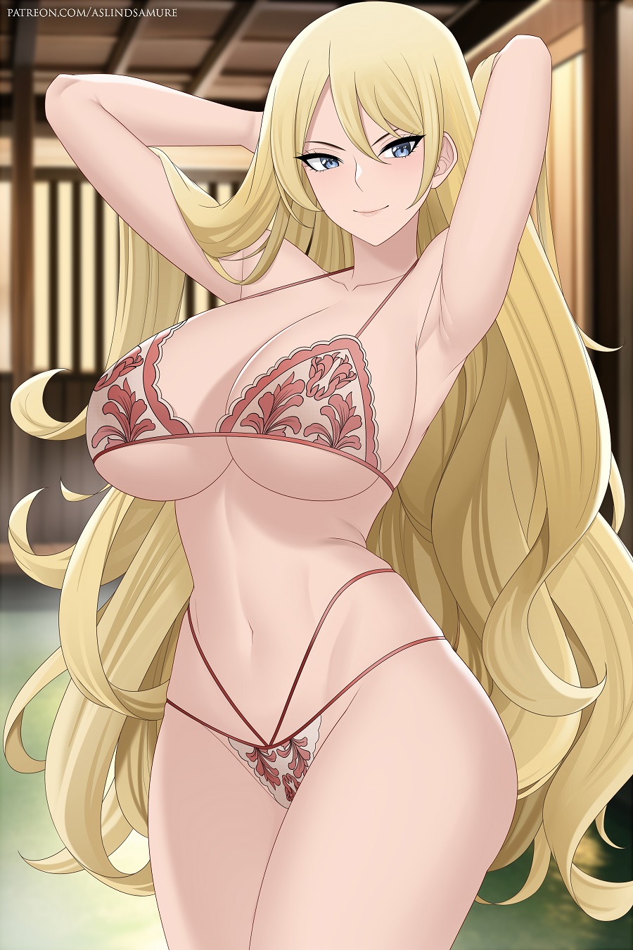 1girls, armpits, arms behind head, aslindsamure, blonde hair, blue eyes, breasts, fairy tail, female, female only, huge breasts, jenny realight, long hair, posing, underwear, underwear only, voluptuous