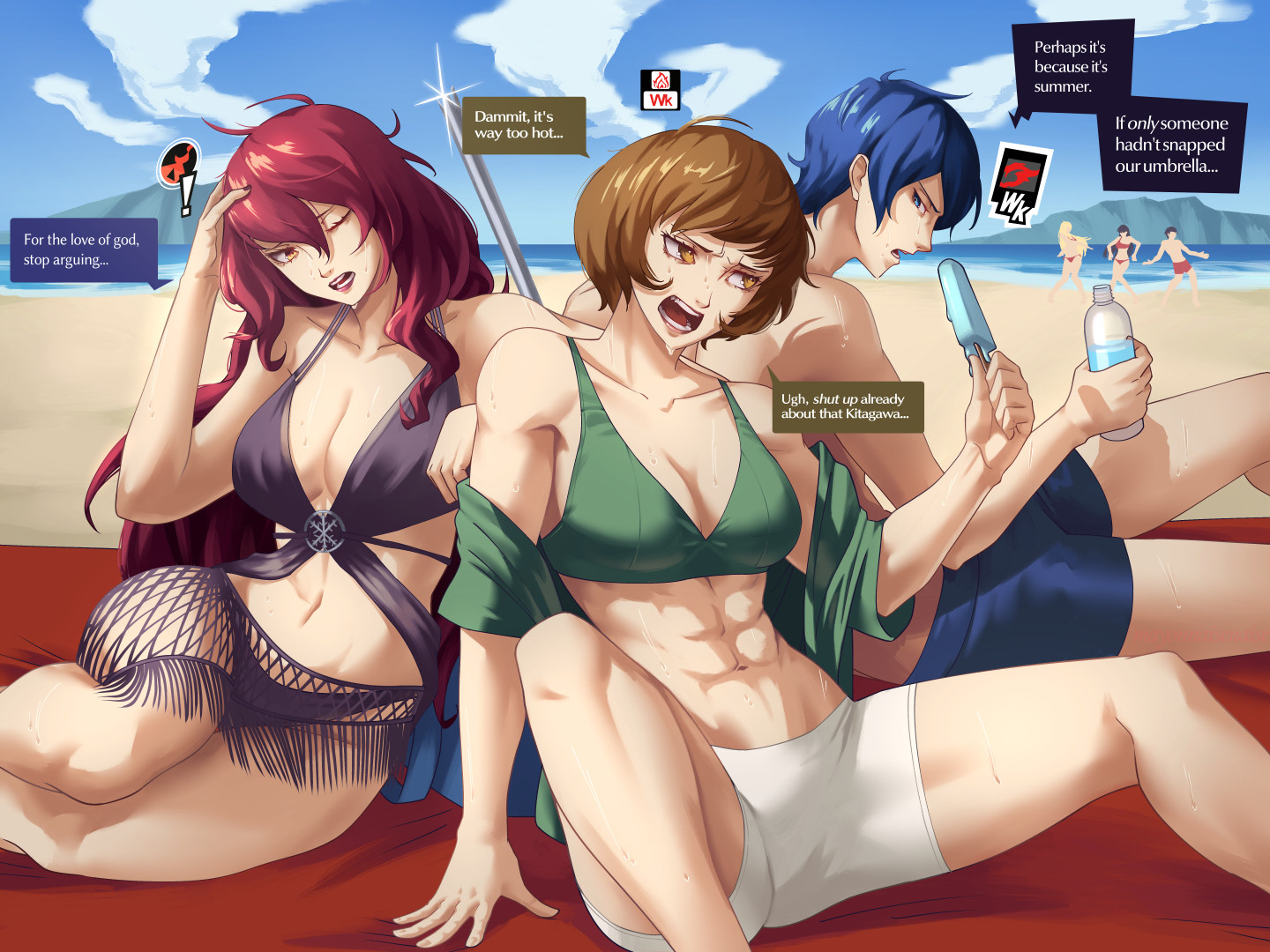 1boy, 2girls, beach, brown eyes, brown hair, chie satonaka, female, male, mayonnaisenaise, mitsuru kirijo, persona, persona 3, persona 4, persona 5, red hair, satonaka chie, spread legs, sweat, sweating, swimsuit, yusuke kitagawa