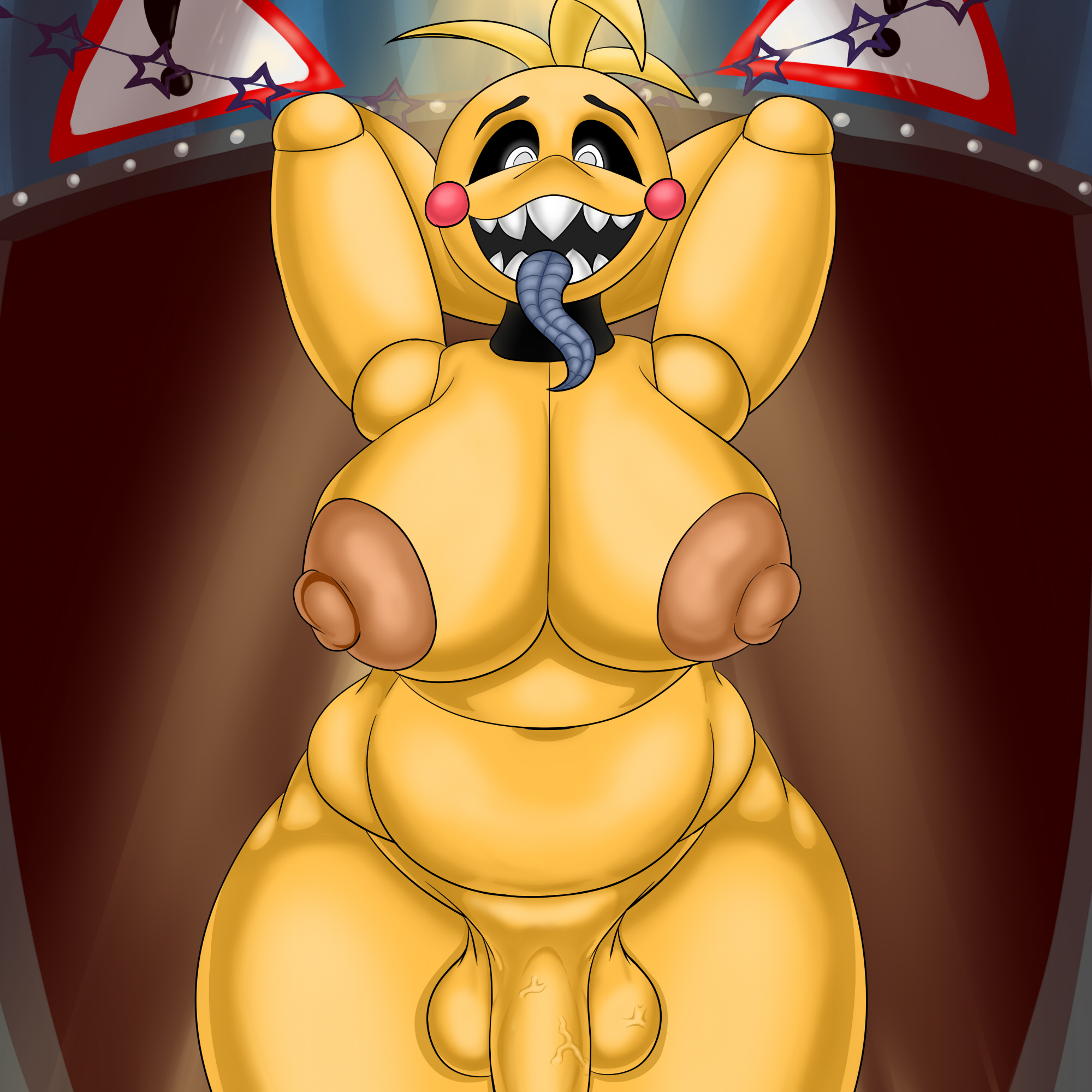 1futa, alternate v, animatronic, anthro, arms above head, big breasts, big thighs, breasts, chubby, curvaceous, female, five nights at freddy's, five nights at freddy's 2, flaccid, fnaf2 location, futa only, futanari, huge breasts, intersex, large nipples, looking at viewer, naked, naked futa, nipples, nude female, sharp teeth, smile, solo, solo futa, standing, stomach, thick thighs, tounge out, toy chica (fnaf), undeadturnip, wide hips, yellow body