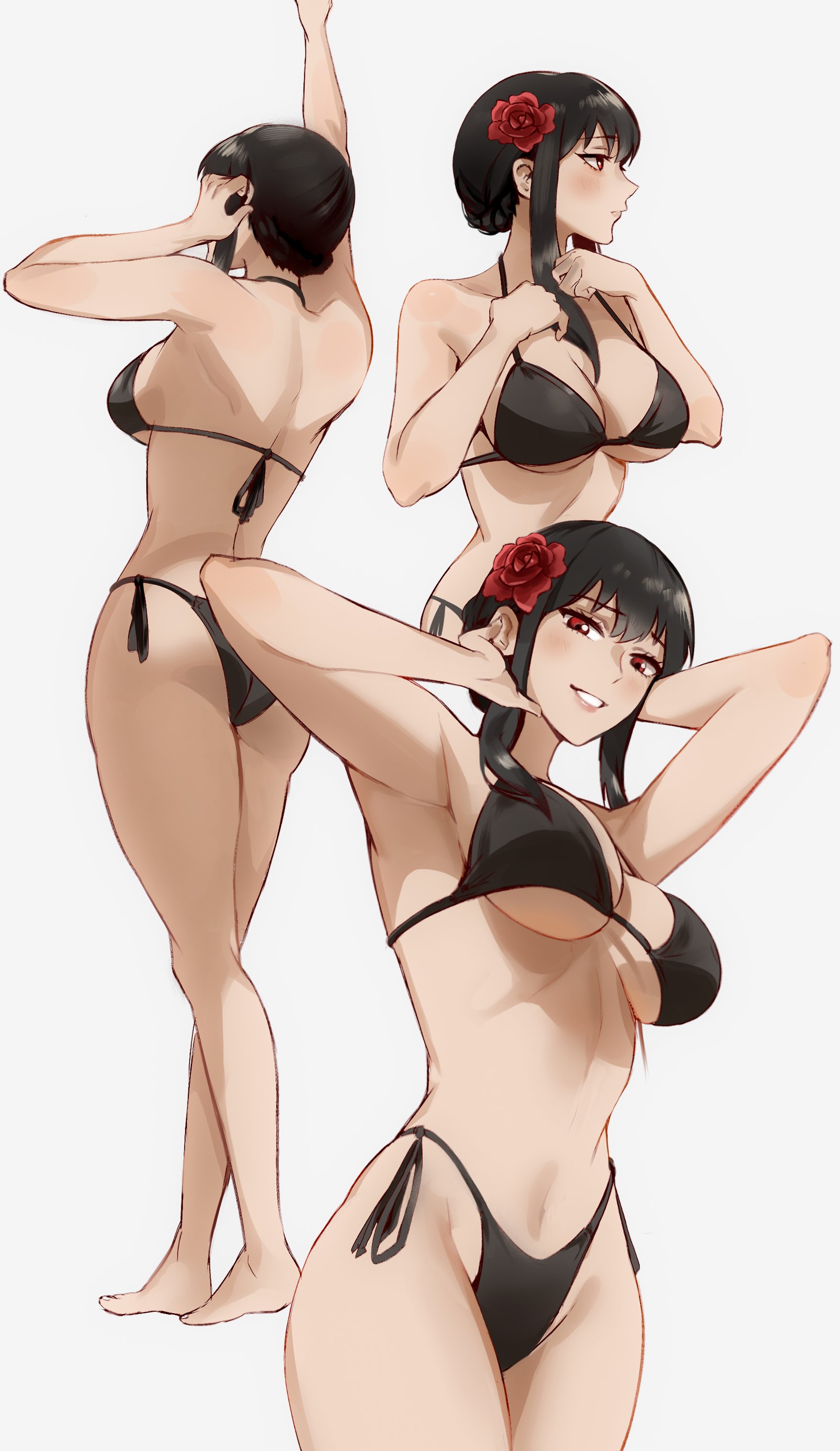 1girls, big breasts, bikini, black bikini, black hair, breasts, busty, cleavage, curvy, female, flower in hair, light skin, light-skinned female, red eyes, spy x family, thetommietomm, underboob, white background, yor briar, yor forger