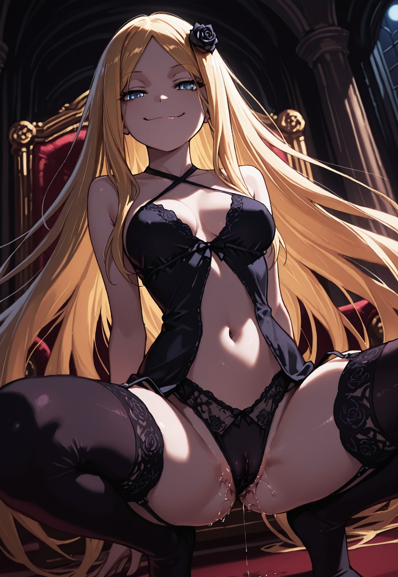 1girls, ai generated, babydoll, black lingerie, blonde female, blonde hair, blonde-haired female, blue eyes, cameltoe, civitai, cleft of venus, criss-cross halter, dark fantasy, excessive genital fluids, excessive pussy juice, female, female focus, female only, floating hair, front slit, goth, goth girl, gothic, grool, hylian r34, imp renner, leaking, leaking pussy, leaking pussy juice, lingerie, lingerie only, long hair, overlord (maruyama), pussy, pussy juice, pussy juice leaking, pussy visible through clothes, pussy visible through panties, renner theiere chardelon ryle vaiself, revealing clothes, tagme, very long hair, wet, wet pussy