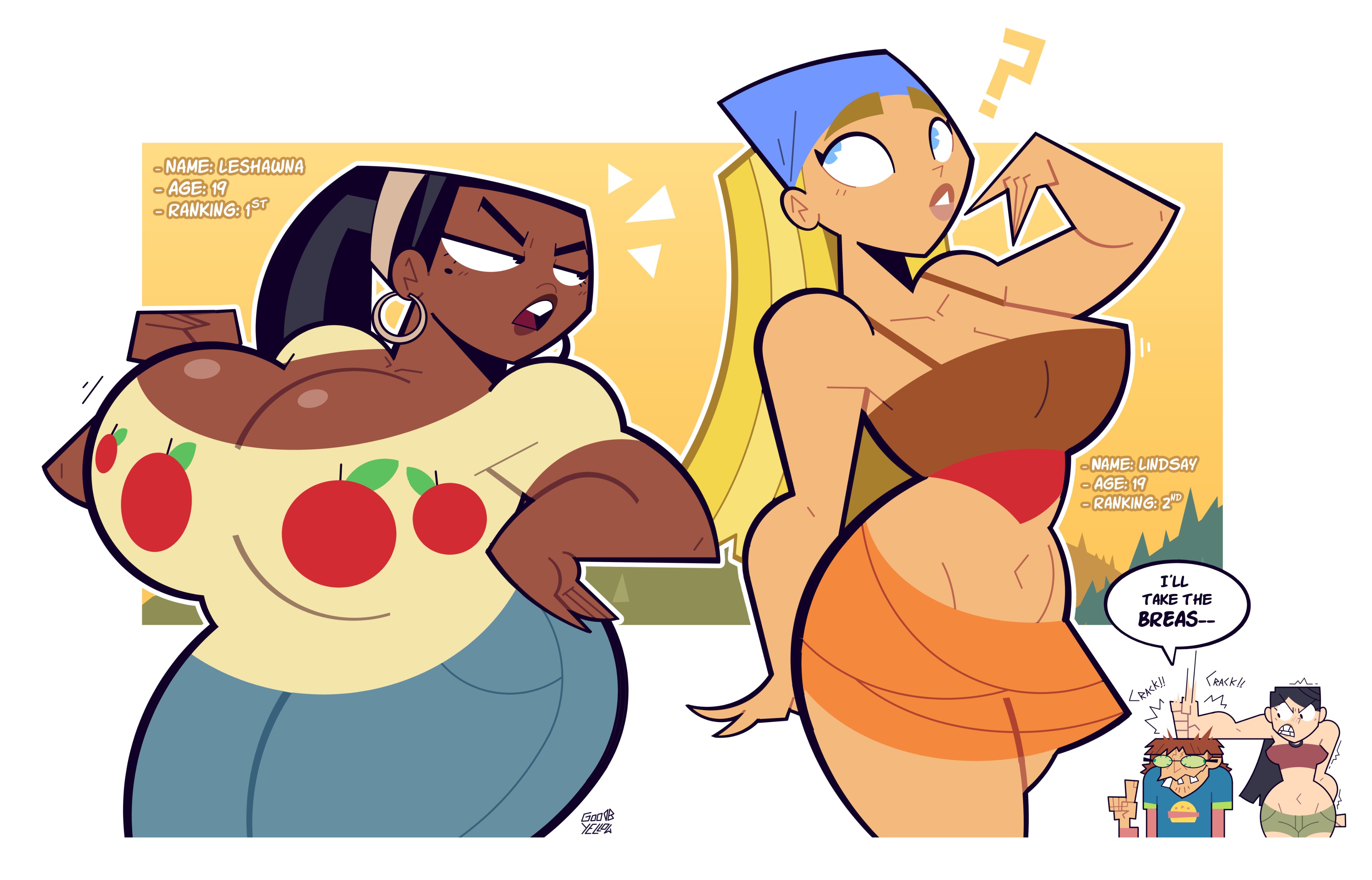 1boy, 2d, 3girls, bimbo, black body, black hair, blonde hair, busty, cleavage, dark-skinned female, female, female focus, goodbyellow, harold (tdi), heather (tdi), hellavenderr, huge breasts, leshawna (tdi), lindsay (tdi), male, tagme, total drama (series), total drama island