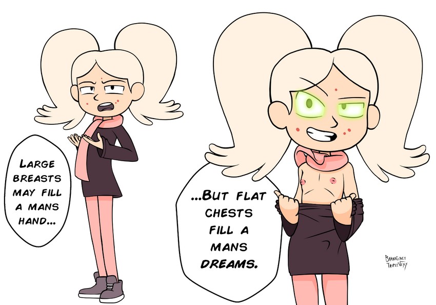 1girls artist_request comic female_only flat_chest hilda_(series) marra pulling_clothing text young