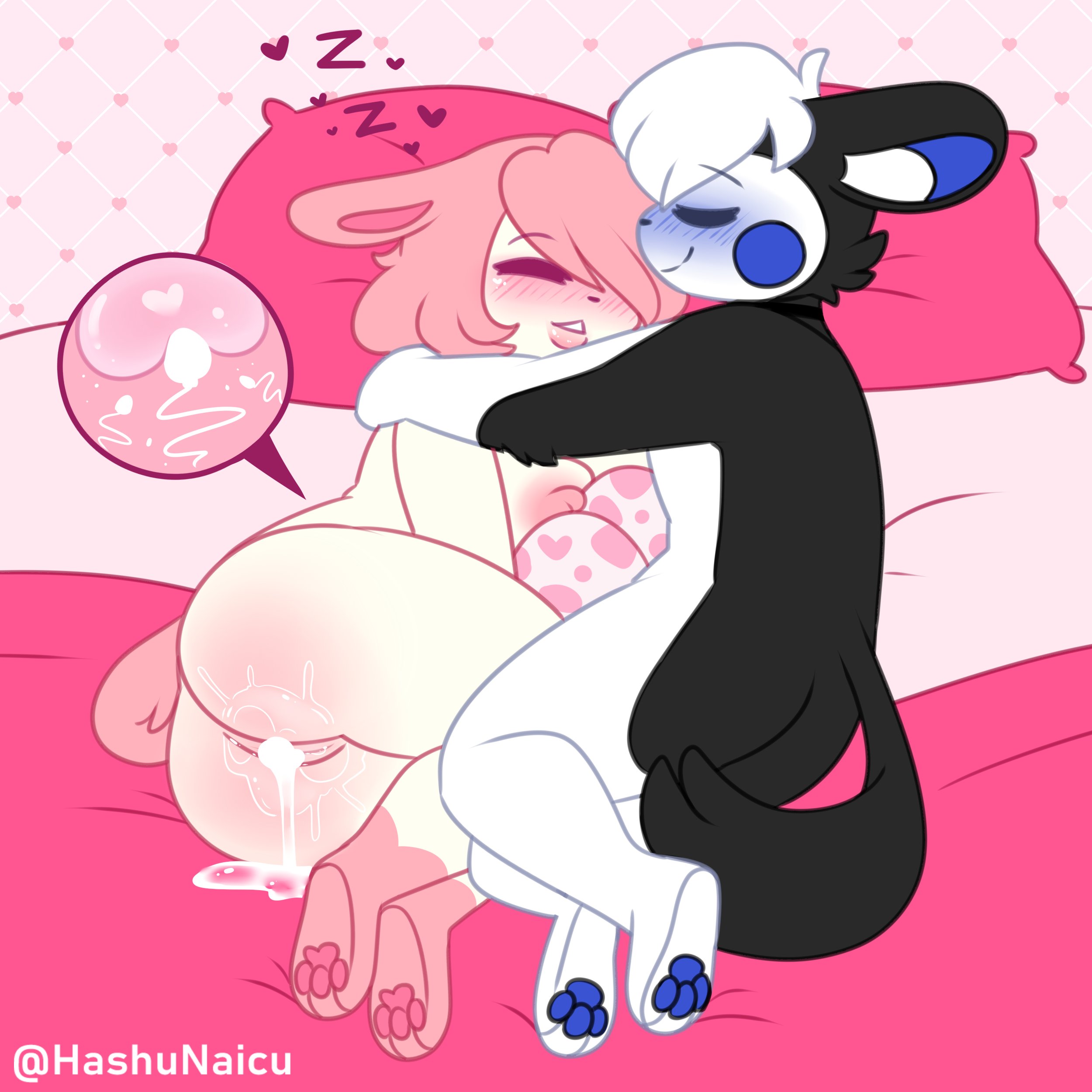 cum in pussy, cum inside, eeveelution, egg, eggs, hashu, pokemon focus, queenie (hashu), sleeping, sleeping nude, sleeping together, sylveon