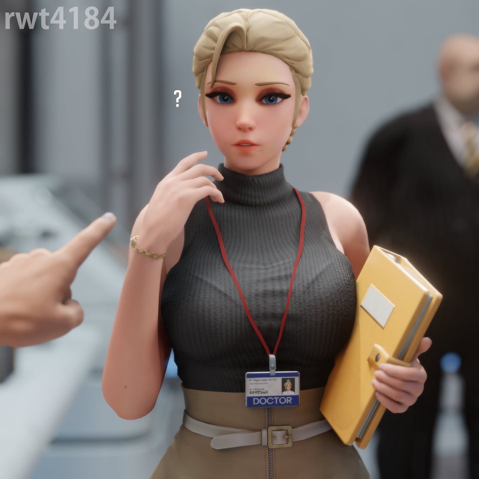 1:1, 1girls, 3d, artist name, belt, blizzard entertainment, blonde hair, blue eyes, blurry background, bracelet, breasts, eyeshadow, female, holding, holding object, id card, indoors, lanyard, large breasts, mercy, office lady, overwatch, question mark, rwt4184, sleeveless, sleeveless shirt, tagme