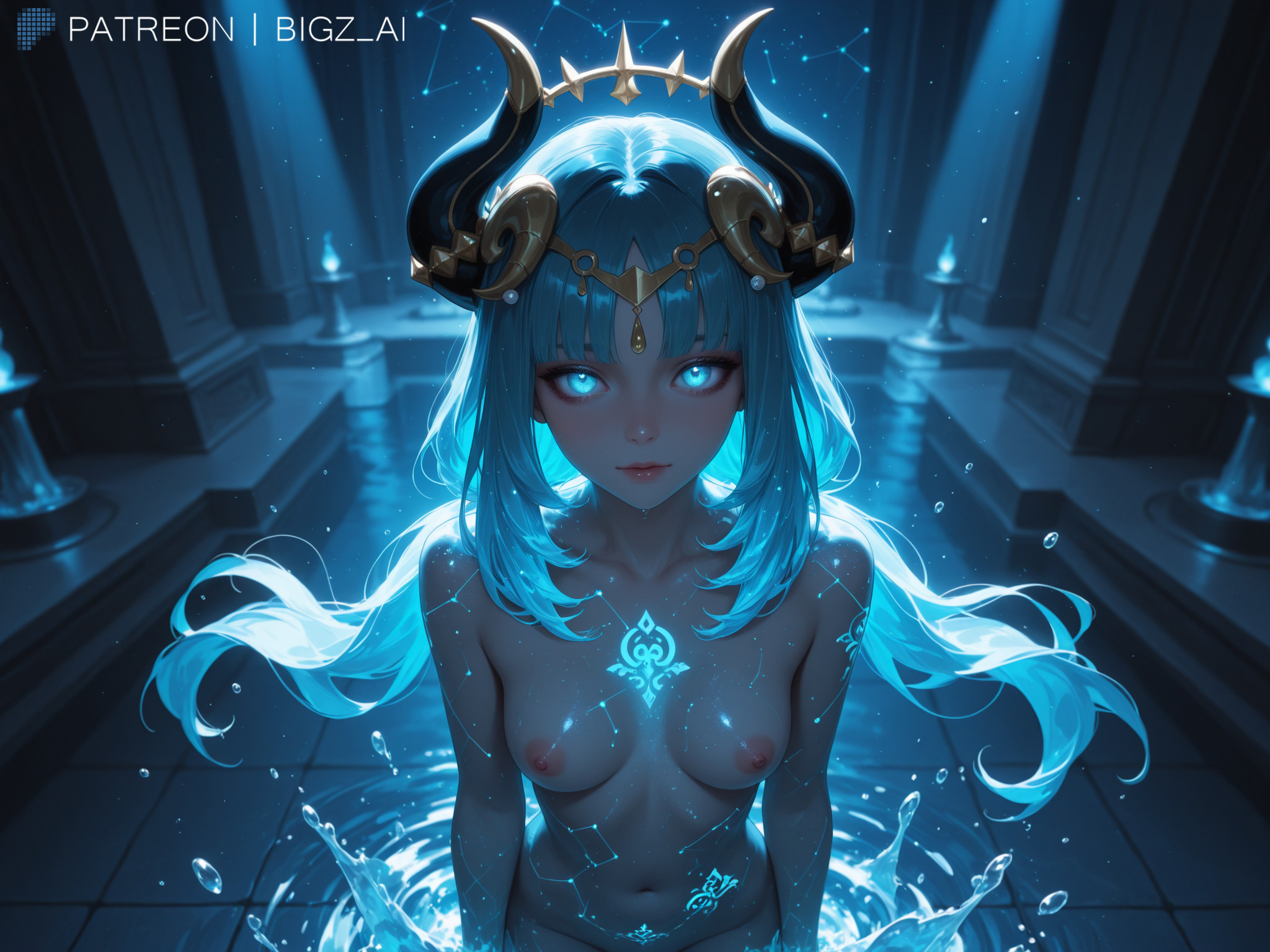 1girls, absurd res, absurdres, ai generated, alternate costume, areolae, big breasts, bigz ai, blue body, blue eyes, blue hair, breasts, completely nude, constellation, cute, female, female focus, genshin impact, glowing eyes, glowing markings, glowing tattoo, highres, horn, horns, hoyoverse, jewelry, light skin, light-skinned female, looking at viewer, magic, medium breasts, mihoyo, nilou (genshin impact), nipples, nude, red hair, shiny skin, small breasts, smile, tattoo, temple, unzipped, water, wet skin