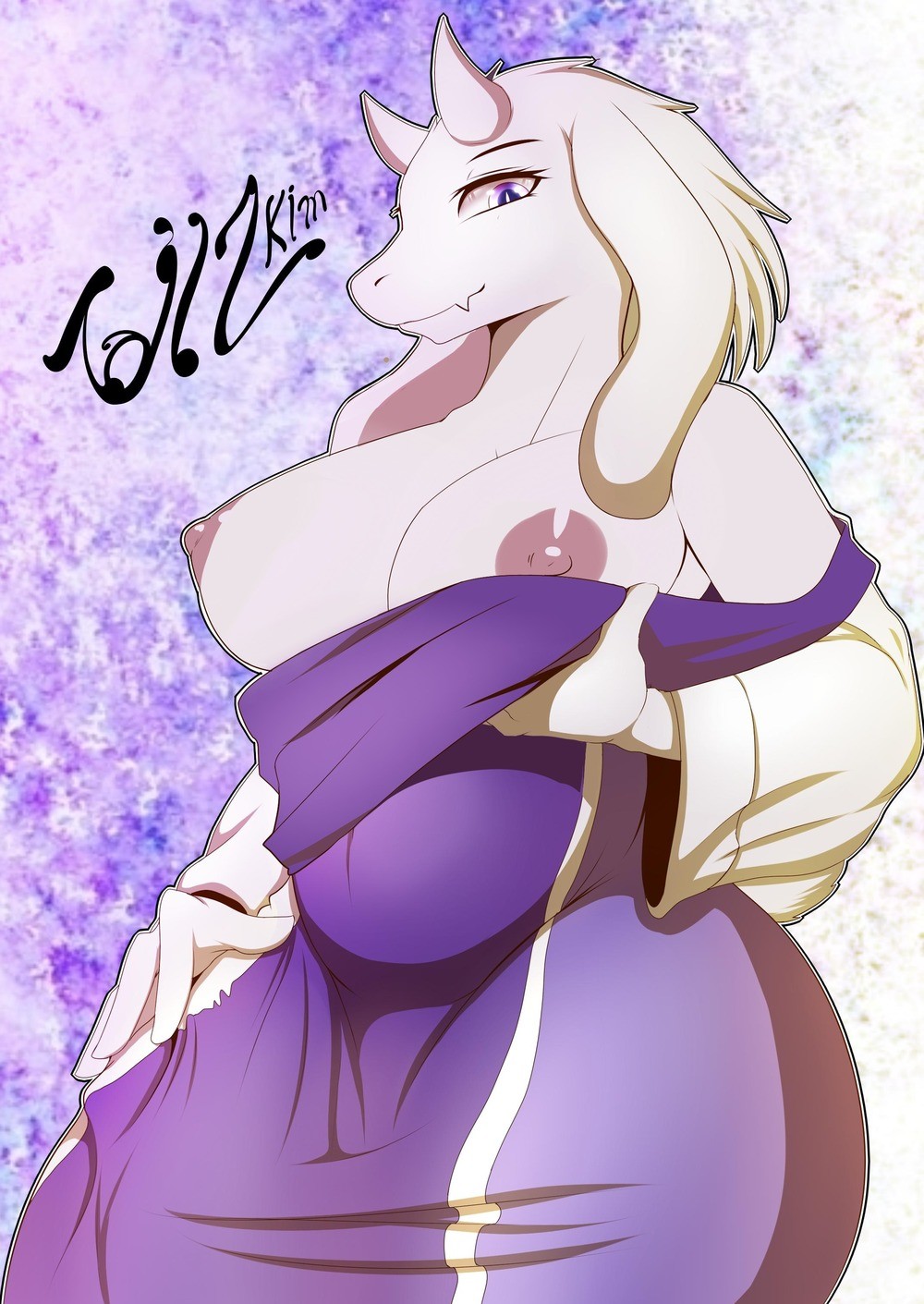 1girls, 2d, anthro, anthro female, anthro only, big breasts, boss monster, breast grab, breasts, caprine, chubby, chubby female, clothed, clothing, dress, edit, english text, female, female only, fur, furry, furry female, furry only, goat, hair, hand on breast, hi res, horn, huge breasts, humanoid, humanoid female, humanoid only, looking at viewer, mammal, mammal humanoid, milf, navel, nipples, non-human areolae, presenting, presenting breasts, purple eyes, signature, slightly chubby, slit pupils, smile, solo, tailzkim, text, thick thighs, toriel, undertale, undertale (series), video games, voluptuous, white fur, white hair, xxelementair