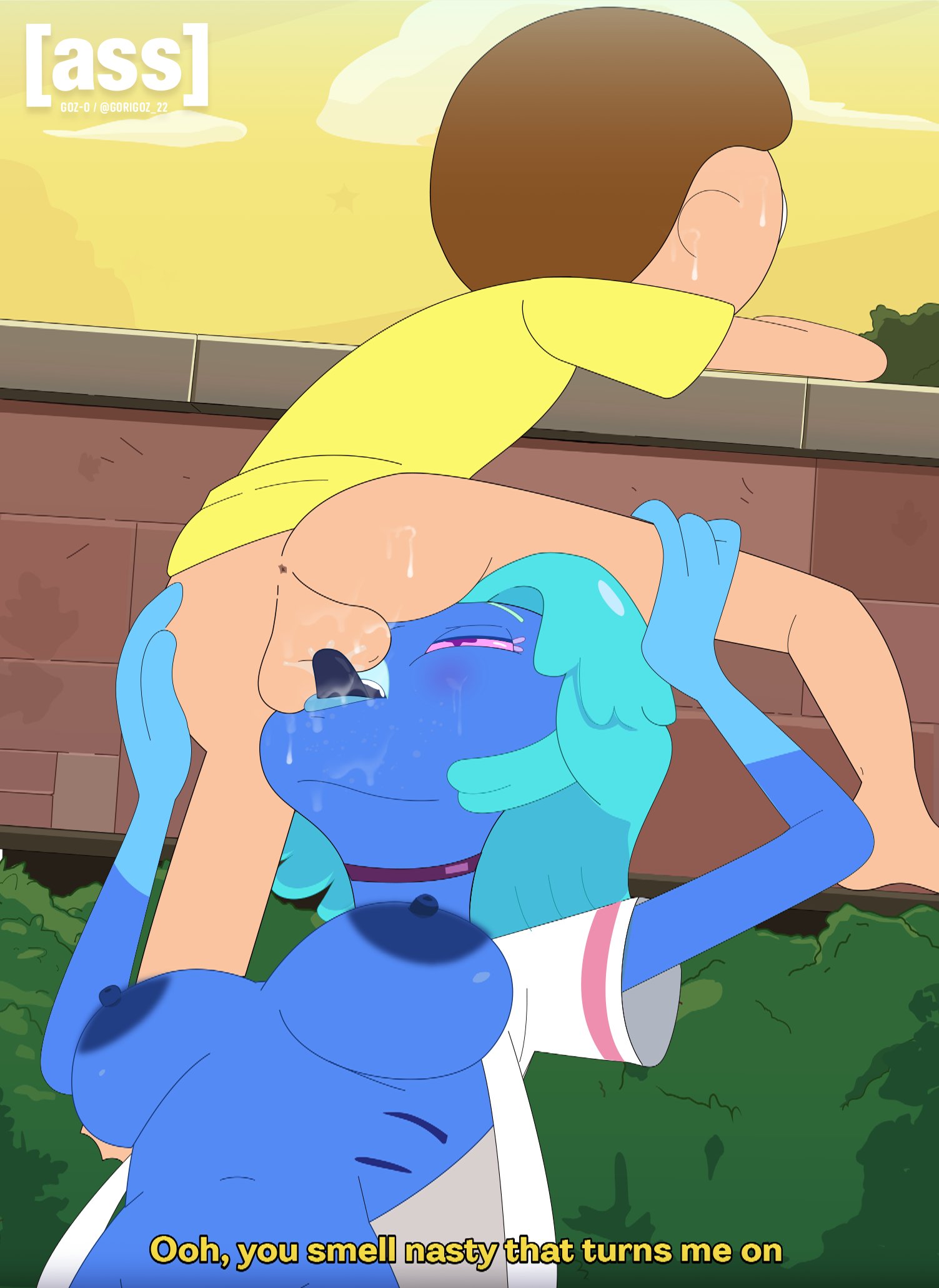 1boy, 1girls, alien, alien girl, balls, big breasts, blue body, blue hair, breasts, female, gosgoz, human fangirl (rick and morty), licking balls, male, morty smith, nipples, nude, open mouth, penis, pink eyes, rick and morty, straight, text, tongue, unseen male face