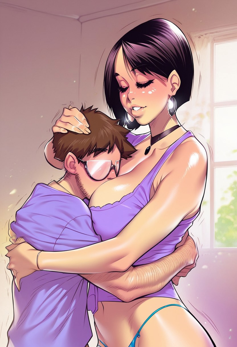ai generated, bigger female, breasts, closed eyes, earrings, female, glasses, good boy, housewife 101, hug, huge breasts, milf, mother, mother and son, needmymommy, older female