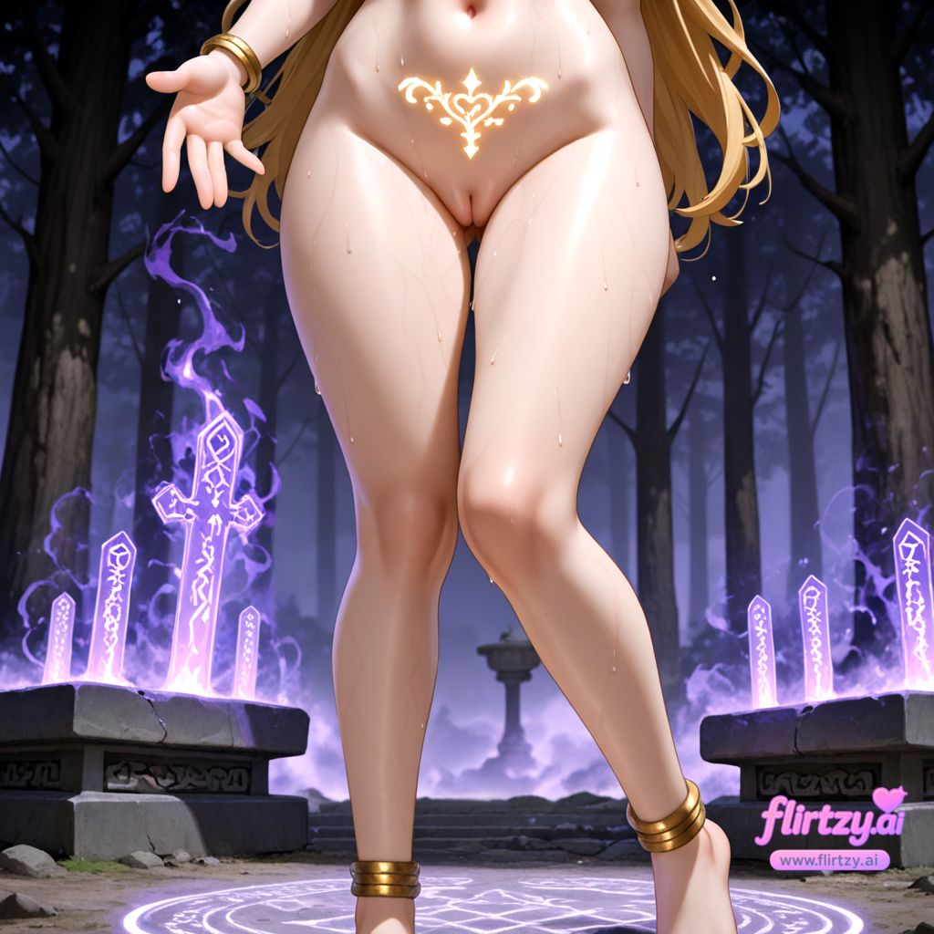 ai_assisted ai_generated anklet bangle bare_tree body_writing bracelet female flirtzy.ai forest jewelry leg_tattoo long_hair nature navel outdoors palm_tree pubic_tattoo pussy pussy_juice single_thighhigh solo standing tattoo tree