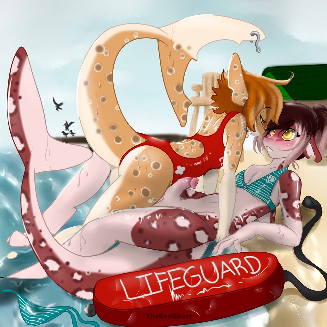 1boy 1girls anthro assertive assertive_female beach bikini blush daryl female female_anthro femboy femboy_on_female finn fish freckles ginger girly lifeguard male male/female male_anthro male_anthro/female_anthro marine one-piece_swimsuit public red_hair rescue rescue_buoy seaside shark spots theredghost trap yellow_eyes