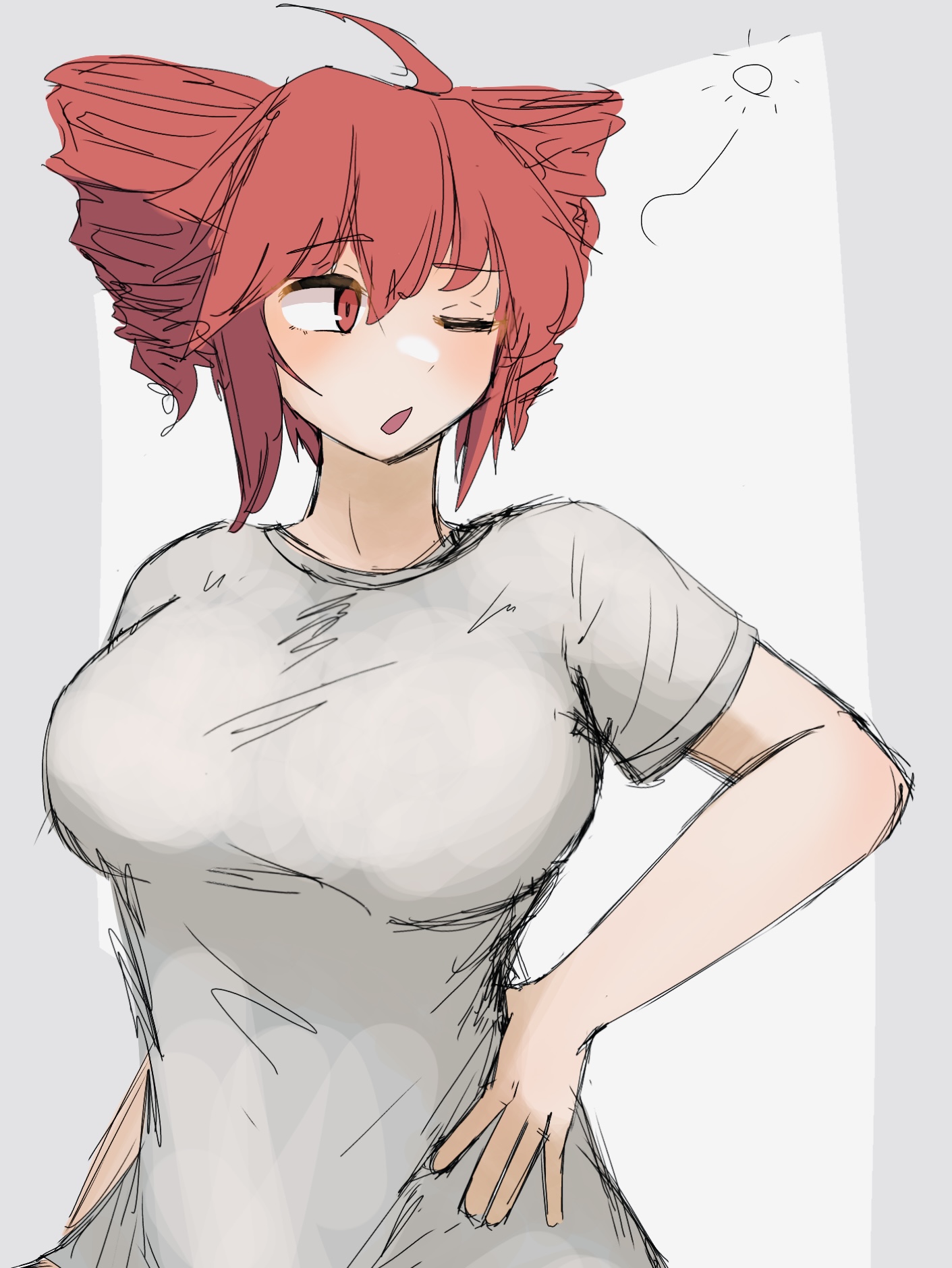 big breasts, big shirt, breasts, breasts out, female, kasane teto, large breasts, large shirt, one eye closed, one eye open, open mouth, red eyes, red hair, seductive, seductive pose, shirt, suggestive, suggestive pose, suggestive posing, thick, wasanpon ama, white shirt