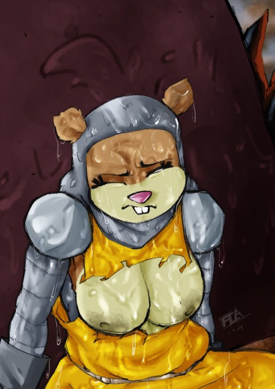 anthro, breasts, breasts exposed, female, fenixlewdart, furry, nickelodeon, nipples, sandy cheeks, spongebob squarepants, squirrel, tagme, torn clothes, torn clothing, torn shirt