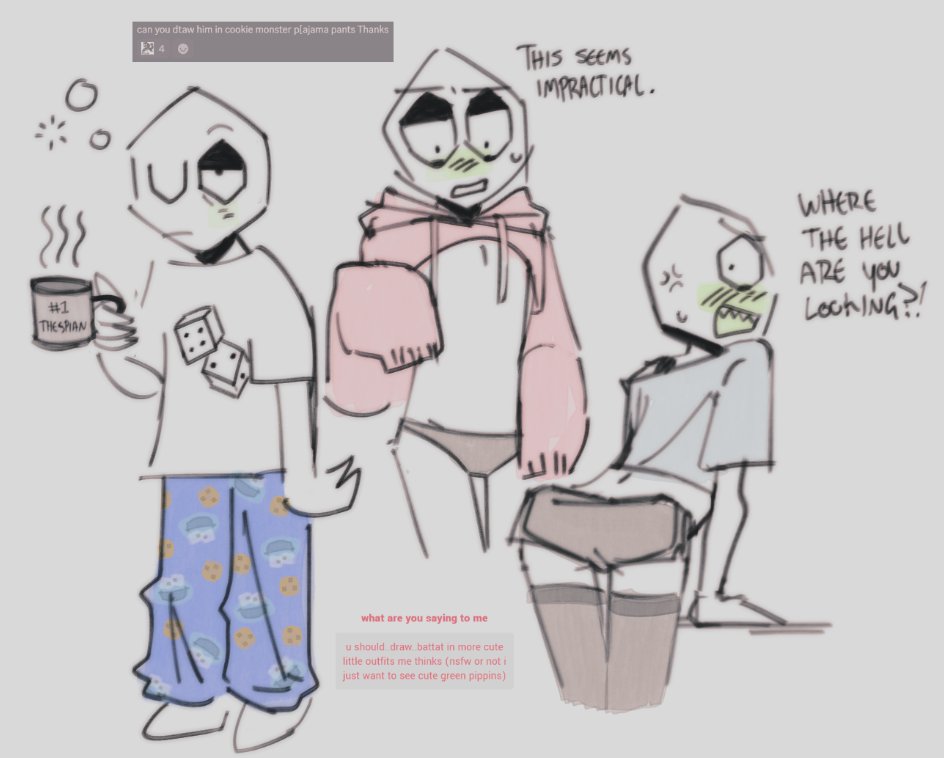angry, battat (deltarune), clothed, clothed male, clothing, cookie, cookie monster, cookies, deltarune, deltarune chapter 3, deltarune chapter 4, femboy, gay, green body, male, mike (deltarune), pajamas, pippins (deltarune), pippins kin, sesame street, small mike (deltarune), tagme, tired, various poses, very gay, white body