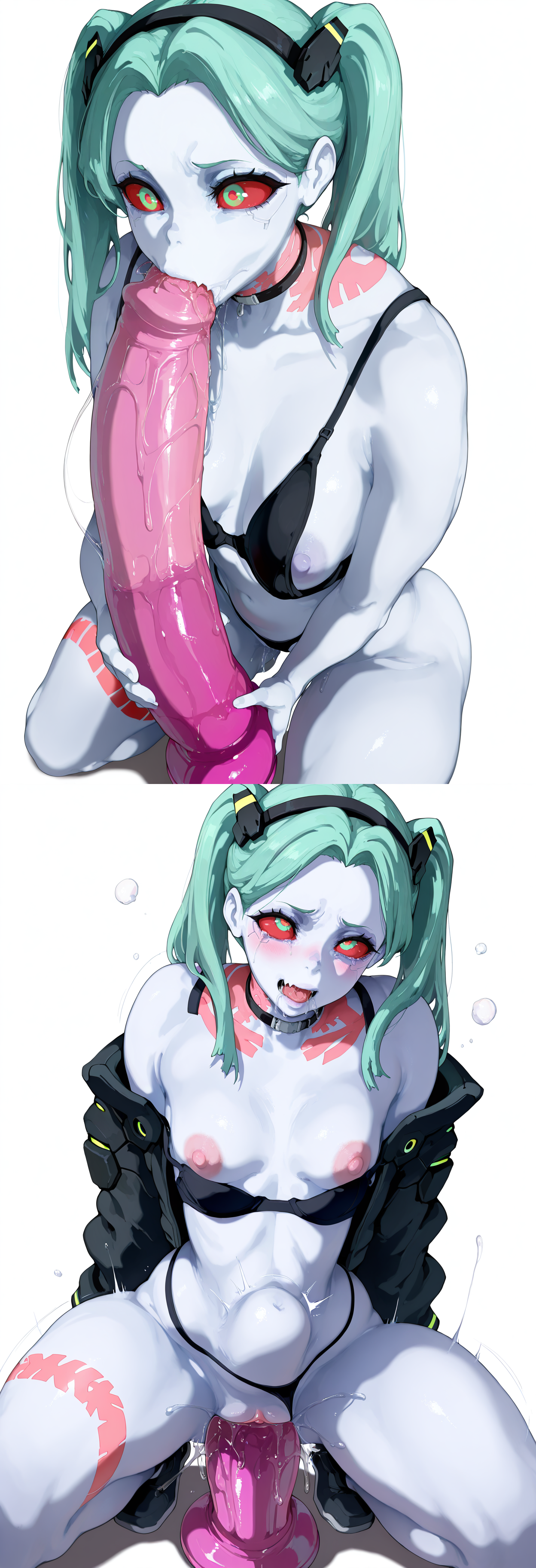 ahe gao, ai generated, black hairband, blowjob, bra, brat, breasts, colored skin, cyberpunk: edgerunners, dildo, fellatio, female, female only, green eyes, green pupils, huge dildo, impossible fit, jacket, large dildo, large insertion, light blue skin, masturbation, mayyreel, mechanical, mechanical eye, nipples, oral, orgasm, orgasm face, penetration, pink dildo, pussy, pussy juice, pussy penetration, rebecca (edgerunners), red sclera, saliva, sex toy, sex toy insertion, skin fang, small breasts, smaller female, squatting, squirting, stomach bulge, sucking, tattoo, tattoos, teal hair, thick thighs, trembling, twintails, vaginal, vaginal insertion, vaginal masturbation, vaginal object insertion