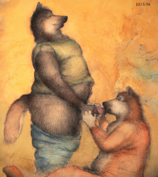 1990s 1998 20th_century anthro balls bd black_nose brown_fur canine closed_eyes clothed clothing colored_pencil_(artwork) duo fur half-closed_eyes hand_on_penis humanoid_penis licking male mammal oral orange_background orange_fur overweight overweight_male penis penis_lick sex simple_background sitting slightly_chubby tongue tongue_out traditional_media_(artwork) yaoi