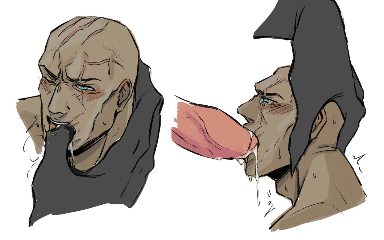 2boys animal_genitalia bald bara blush drooling fellatio finger_in_mouth gay league_of_legends male male_only pyke yaoi