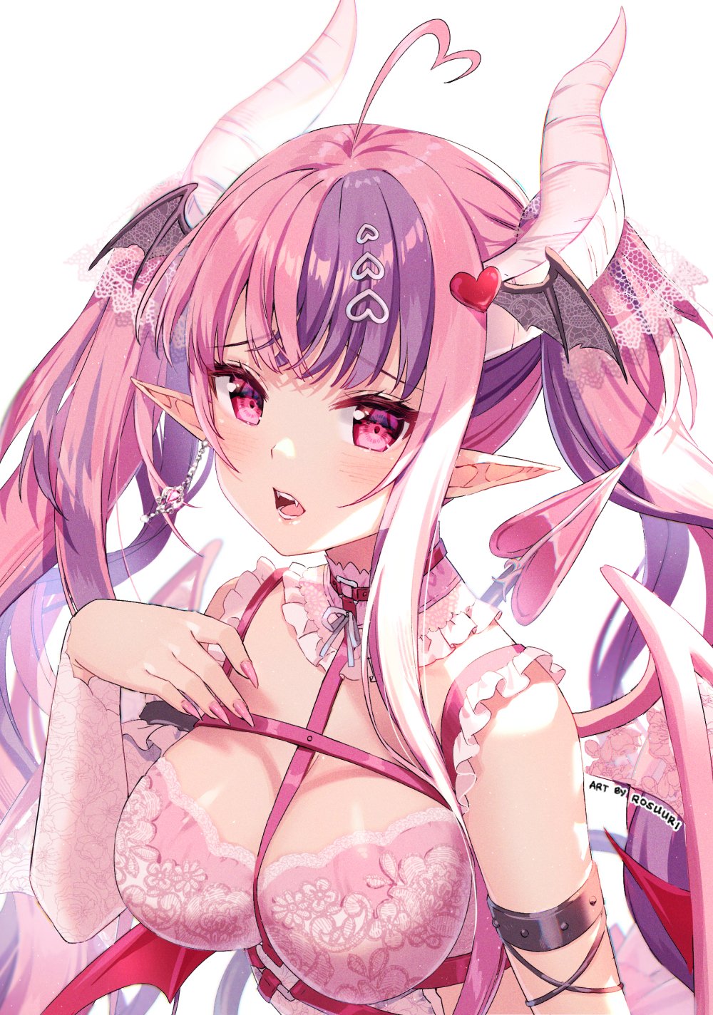 1girls arm_strap artist_name bangs breast_strap breasts cleavage demon_girl demon_horns demon_tail demon_wings detached_collar eyebrows_visible_through_hair female hair_ornament heart heart_hair_ornament highres horns ironmouse long_pointy_ears medium_breasts multicolored_hair nail_polish pink_eyes pointy_ears purple_hair rosuuri solo streaked_hair symbol_commentary tail twintails virtual_youtuber vshojo white_background wings