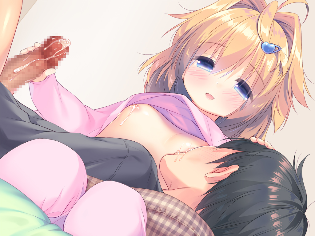 artist request, blonde hair, blue eyes, blush, breast sucking, breasts, censored, character request, cum, female, flat chest, game cg, handjob, lactation, male, male/female, nipples, nursing handjob, short hair, source request, tagme