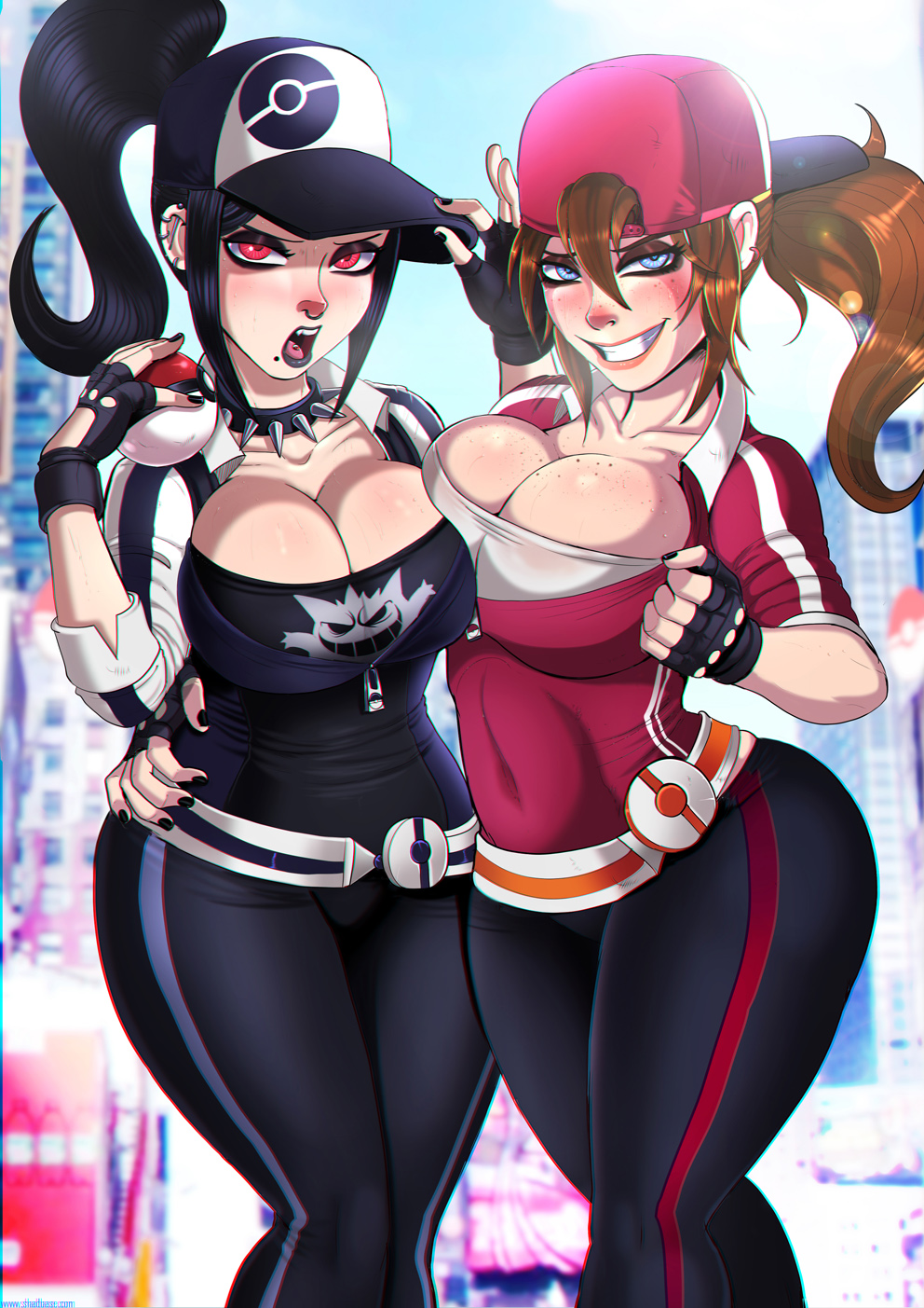 2girls arm_around_waist ashley_(shadman) ass backpack bag bimbo black_hair black_lipstick black_nails blue_eyes blush breasts brown_hair brunette busty cleavage collar ear_piercing earrings eyeliner eyeshadow female female_protagonist_(pokemon_go) fingerless_gloves fiona_(shadman) freckles gloves goth highres holding holding_poke_ball hourglass_figure human jewelry lips lipstick makeup mole mole_under_mouth multiple_girls nail_polish naughty_face nintendo nose_ring pants piercing poke_ball pokemon pokemon_go ponytail red_eyes shadman smile spiked_collar spikes text tied_hair voluptuous yoga_pants yuri