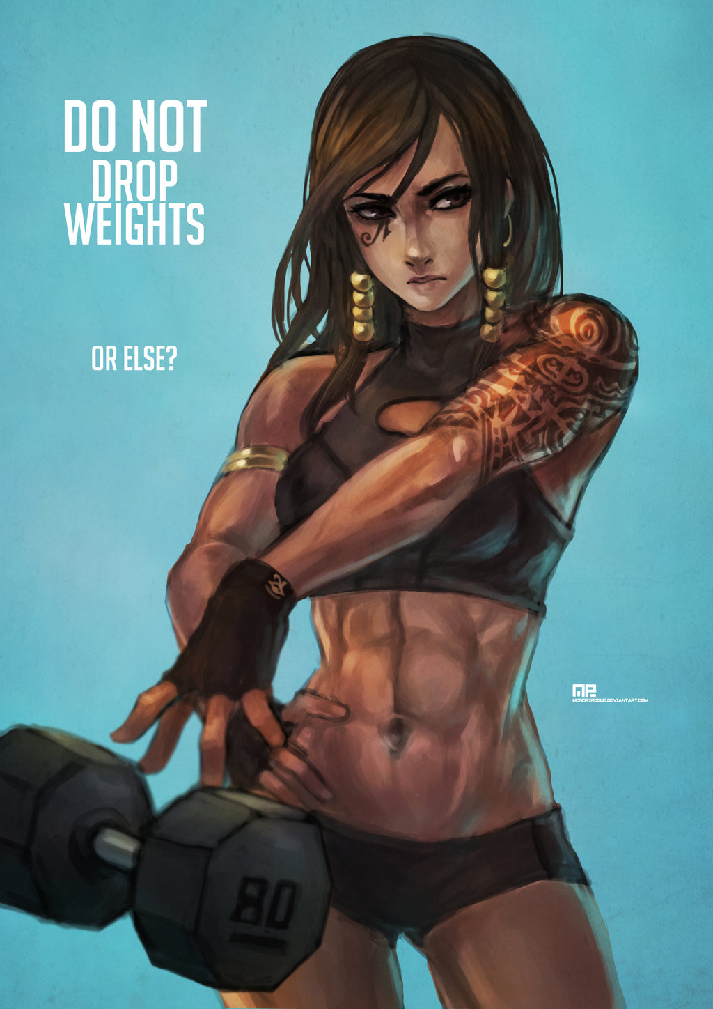 1girls, abs, blue background, brown hair, dark skin, dark-skinned female, dumbbell, female, fit, monorirogue, muscles, muscular, muscular female, overwatch, pharah, solo, solo female, tattoo, text, weights