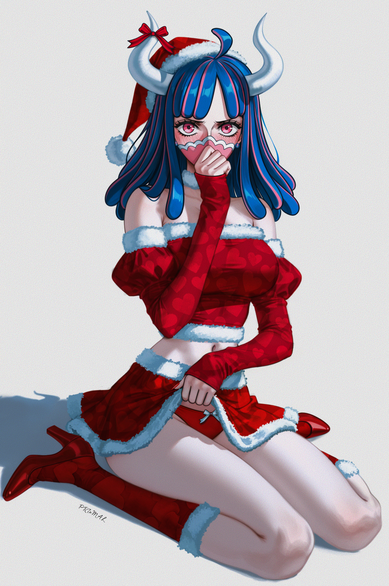 1girls, adorable, artist signature, belly, belly button, blue hair, blue-haired female, blush, bow panties, christmas, christmas clothing, christmas hat, christmas outfit, detached sleeves, female, female focus, female only, fur, heart, heels, highres, horns, hot, mask, masked female, no bra, one piece, panties, pattern clothing, pattern socks, pink eyes, pink highlights, prixmal, puffy sleeves, red panties, sexy, shadow, sitting, skirt, socks, thighs, topwear, ulti (one piece)