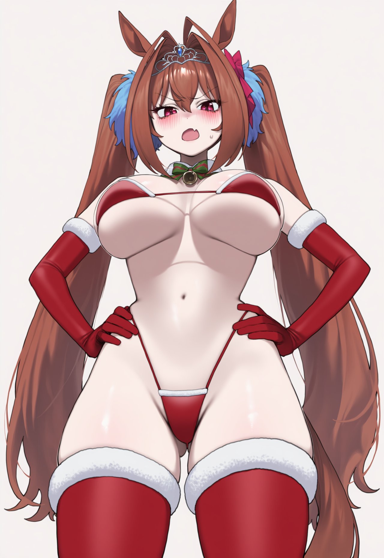 1girls, ai generated, angry, angry expression, angry face, animal ears, ass, ass visible through thighs, big ass, big breasts, bikini, blush, breasts, christmas, christmas outfit, daiwa scarlet (umamusume), hand on hip, horse ears, horse girl, horse tail, huge ass, huge breasts, light skin, light-skinned female, long hair, looking at viewer, looking down, low-angle view, navel, sweat, sweatdrop, thick thighs, thighs, truck kun, truck-kun art, tsundere, twintails, umamusume, umamusume pretty derby, white background