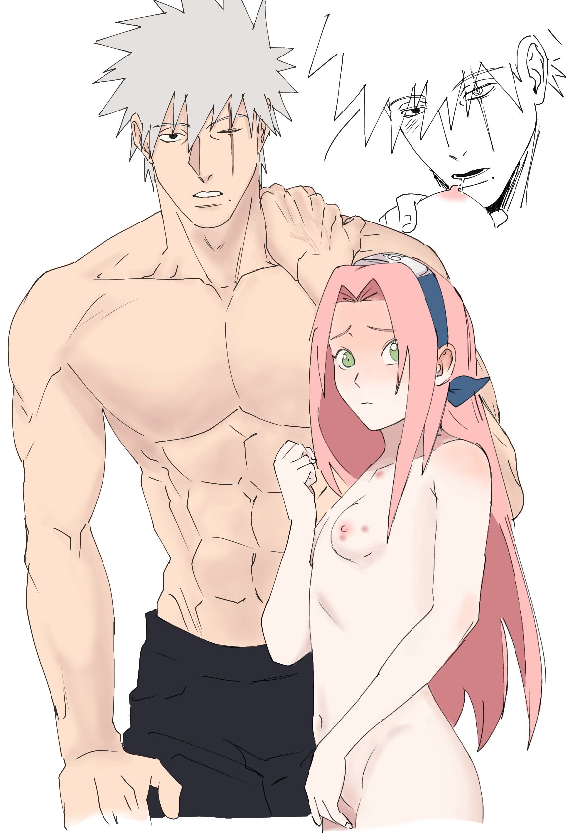 1boy, 1boy1girl, 1girls, abs, after sex, age difference, areolae, belly, belly button, bigger male, bite mark, bite mark on breast, bite marks, black eyes, blush, breast grab, breast squeeze, breasts, caught, caught in the act, close-up, duo, duo focus, erect nipples, female, green eyes, grope, groping, groping breasts, hand on breast, haruno sakura, hatake kakashi, headband, height difference, hi res, hickey, hickey marks, hickeys, high resolution, highres, hips, kakashi hatake, konohagakure symbol, large areolae, long hair, looking at viewer, male, male/female, muscles, muscular, muscular male, narrowed eyes, naruto, naruto (classic), naruto (series), naruto shippuden, ni072, nipples, nose blush, older male, older male and younger female, one eye closed, pecs, pectorals, perky breasts, petite, petite body, petite female, pink hair, pink nipples, romantic, romantic ambiance, romantic sex, sakura haruno, sakura haruno (genin), scar, scar across eye, scar on face, shonen jump, shorter female, shounen jump, shueisha, silver hair, size difference, small breasts, smaller female, standing, straight, student, taller male, teacher, teacher and student, teen girl, teenage girl, teenager, topless, topless male, very high resolution, weekly shonen jump, weekly shounen jump, white background, wide hips, young, younger female