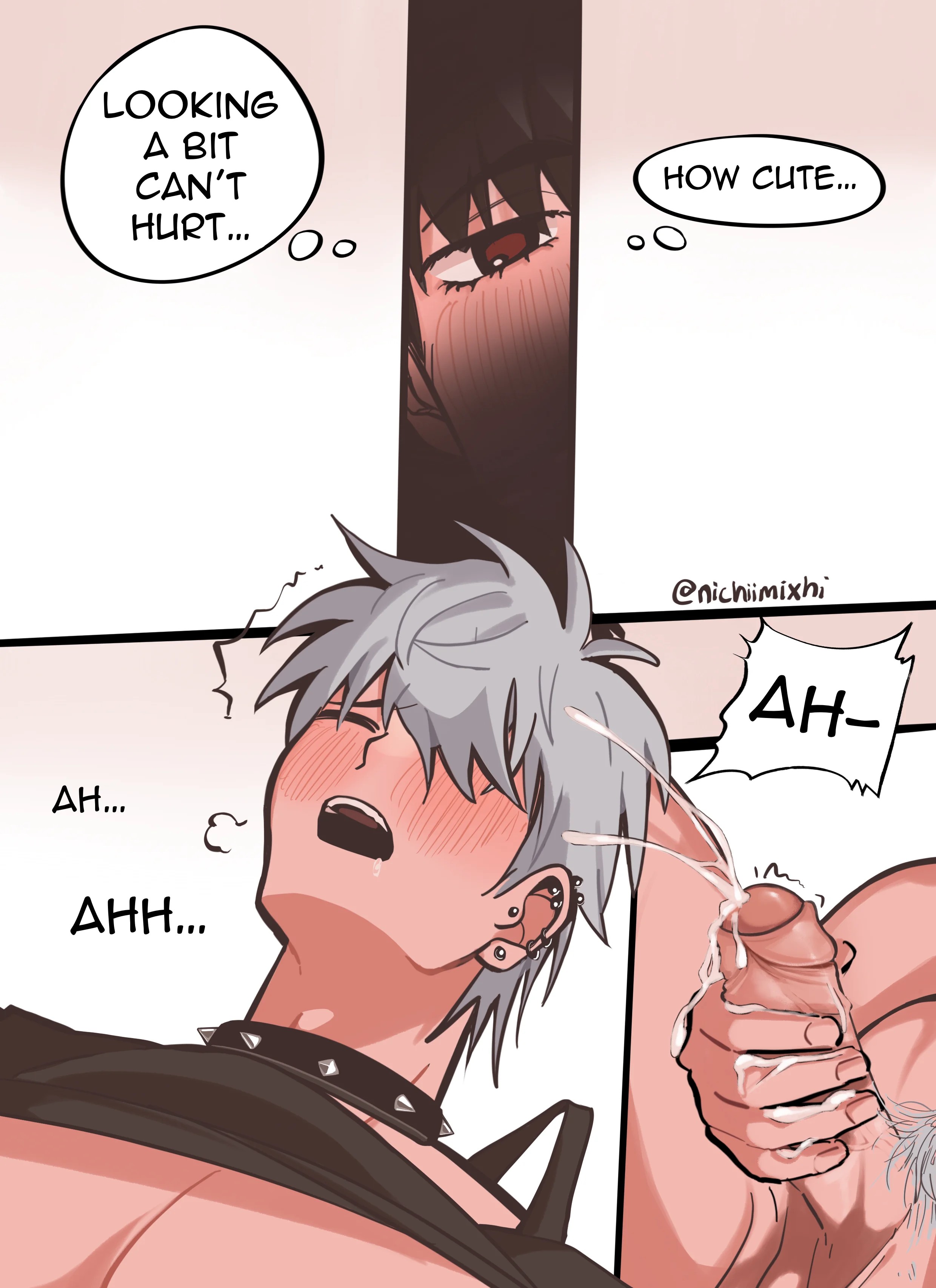 alien stage, aroused, black hair, blush, blush lines, blushing, choker, closed eyes, comic, comic page, comic panel, cum, cum drip, cum on body, cumming, dripping, dripping cum, ear piercing, earrings, gay, grey hair, horny, ivan (alien stage), jerking, jerking off, male, male only, masturbating, masturbation, moan, moaning, nichiimixhi, penis, penis in hand, piercing, piercings, pubic hair, simple background, spying, text, text bubble, thought bubble, till (alien stage), toilet, watching, watching masturbation, white background, yaoi