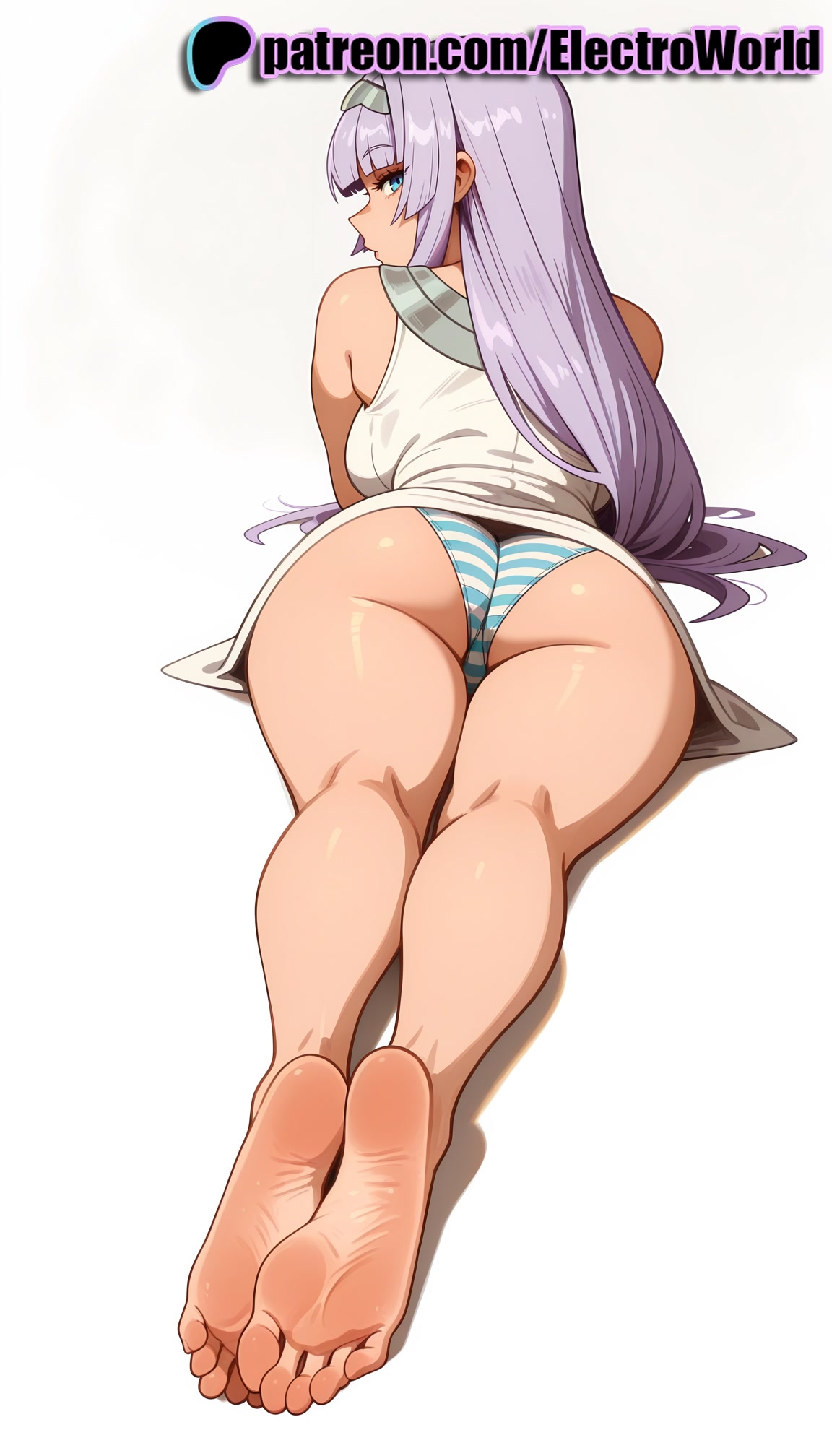 1girls, 2025, ai generated, artist name, ass, barefoot, black summoner, electroworld, feet, feet fetish, female, foot fetish, foot focus, foreshortening, hi res, high quality, high resolution, highres, kuro no shoukanshi, legs, long hair, lying, lying on stomach, melfina (kuro no shoukanshi), on belly, on stomach, panties, patreon, patreon username, prone position, soles, solo, stable diffusion, striped, striped panties, toes, underwear, watermark