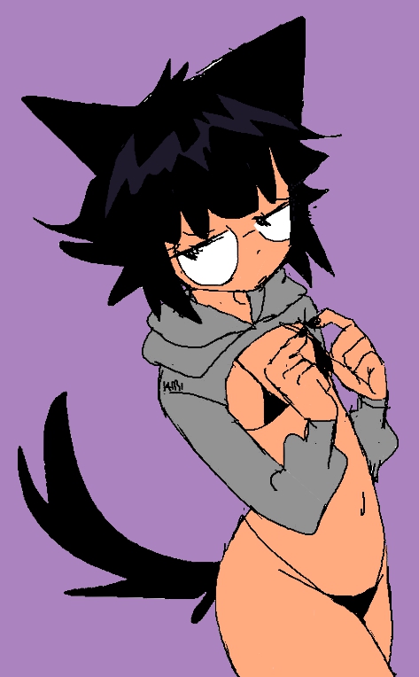 angry, angry expression, angry face, bikini, bikini bottom, bikini top, black hair, black nails, cat ears, cat girl, cat tail, catgirl, glasses, glasses only, hibi (dustbinrat), hoodie, hoodie only, oc, petite, petite body, petite breasts, petite female, petite girl, petite tits, short hair, slutty female, small bikini, small breasts, small waist, smaller female, wagyu