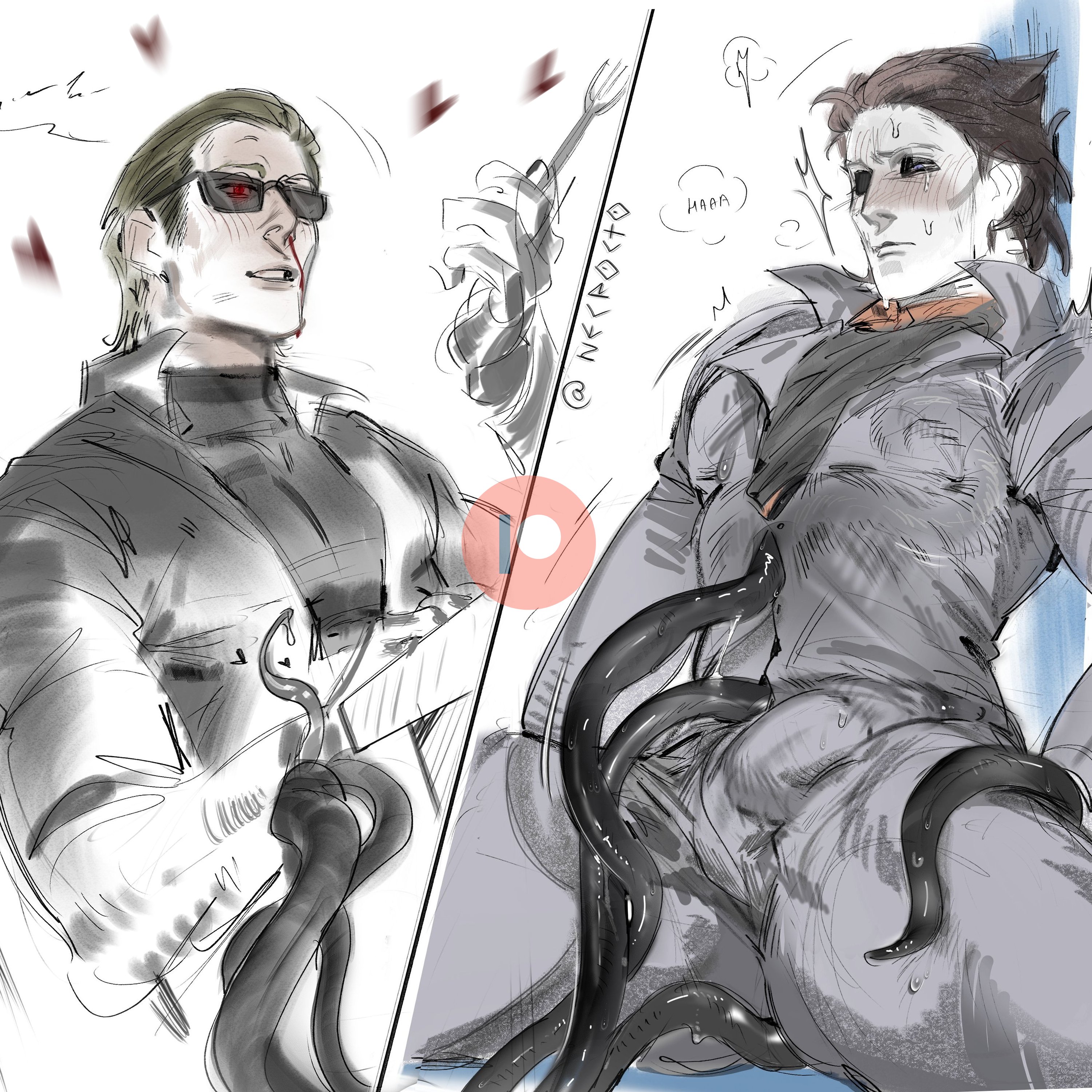 2boys, albert wesker, bara, blush, boner, boner in pants, boner in underwear, boner under clothes, coveralls, dripping, dripping cum, fork, gay, halloween (series), heart, hearts around head, michael myers, moaning, moaning in pleasure, necrocto, nosebleed, panting, resident evil, speech, table, tentacle, tentacle bet, tentacle between legs, tentacle bondage, tentacle bulge, tentacle rape, tentacle sex, tentacles under clothes, text, twitching, yaoi