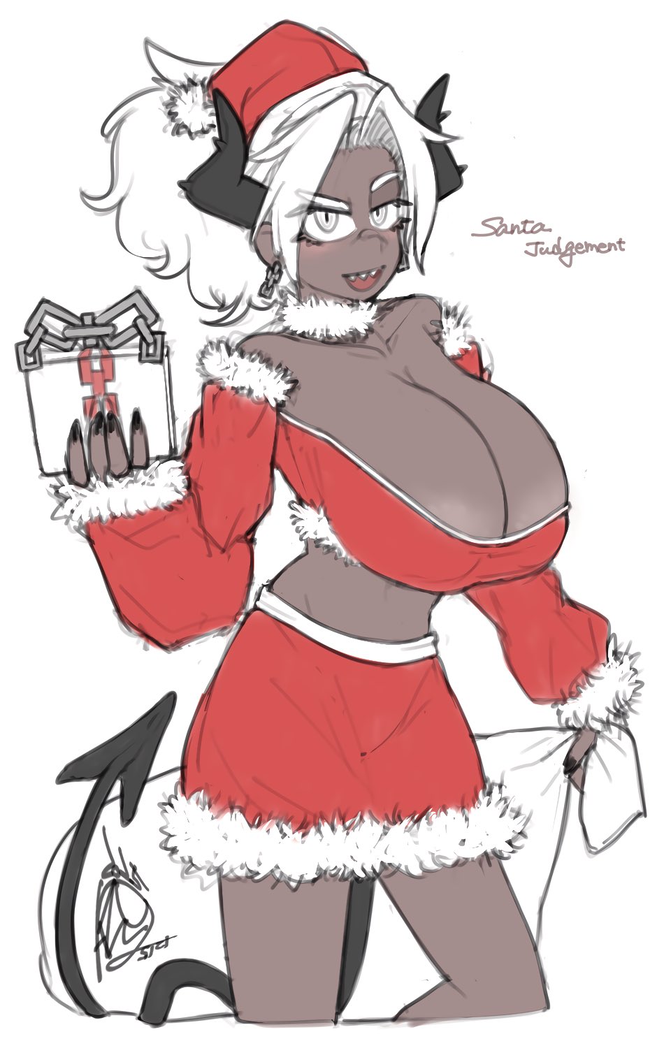 1girls, 2025, areola bulge, areola slip, areolae, areolar amelanism, artist name, ayatakazumu, bandeau, big breasts, black nails, breasts, busty, chain earrings, chain jewelry, christmas, christmas present, cleavage, clothed, clothed female, clothing, collar, deep cleavage, demon, demon girl, demon horns, demon tail, ear piercing, earrings, eyebrows raised, feet out of frame, female, front view, fully clothed, fur collar, fur trim, fur-trimmed gloves, fur-trimmed skirt, fur-trimmed sleeves, grey body, grey eyes, grey skin, hair, hat, headwear, helltaker, holding object, holidays, horned humanoid, horns, huge breasts, humanoid, judgement (helltaker), large areolae, large breasts, long hair, looking at viewer, midriff, nail polish, open mouth, parted lips, piercing, ponytail, raised eyebrows, red clothing, santa hat, sharp fingernails, sharp teeth, signature, simple background, skirt, smile, smiling, smiling at viewer, solo, spade tail, standing, strapless, tail, teeth, thighs, three-quarter portrait, top heavy, white background, white eyes, white hair