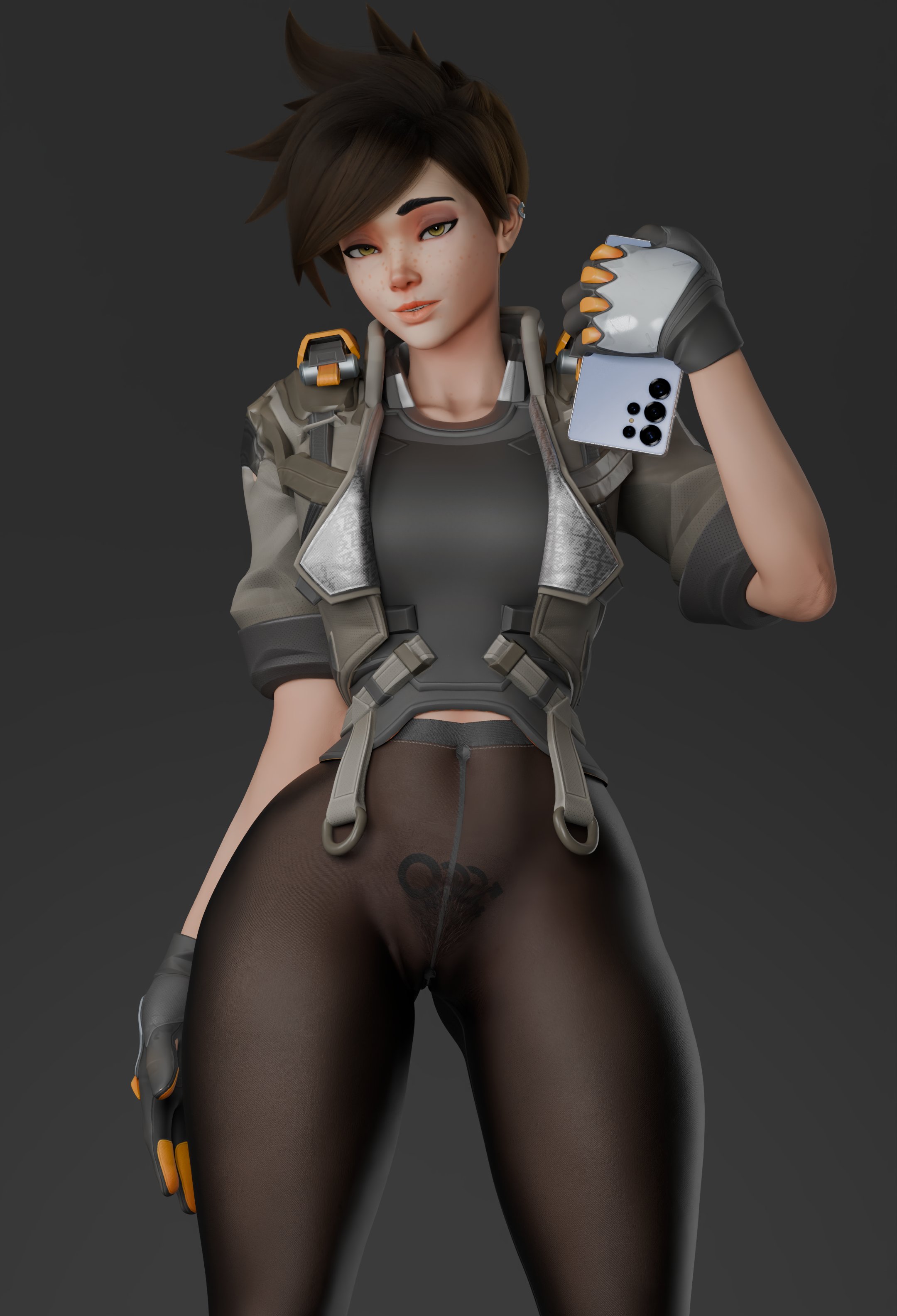 2025, 3d, 3d (artwork), black gloves, british, british female, clothed, european, european female, female, female only, gloves, grey background, hazel eyes, heroine, human, human only, lena oxton, lgd tattoo, light skin, light-skinned female, looking at viewer, memz3d (model), mostly clothed, nishikt, no panties, no sex, orientation play, overwatch, pantyhose, pubic tattoo, selfie, short hair, simple background, smartphone, smiling at viewer, solo, solo female, standing, tracer