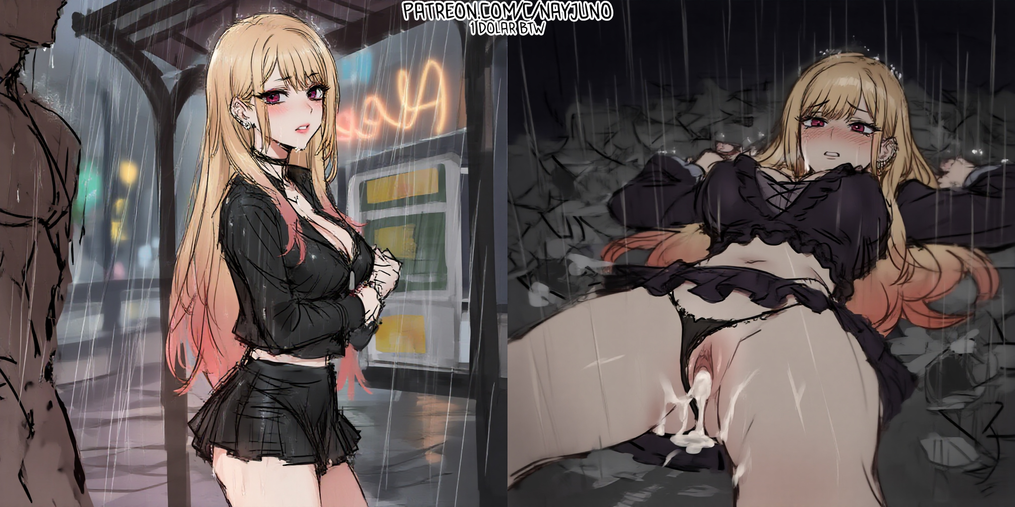 after rape, after sex, after vaginal, ai assisted, ai generated, before and after, before rape, before sex, black clothes, black clothing, black miniskirt, black skin, black skirt, blonde female, blonde hair, blonde hair female, blonde-haired female, breasts, creampie rape, creampied, cum, cum drip, cum in pussy, cum inside, dark skin, dark-skinned male, forced, forced sex, forced vaginal, gothic, gothic clothes, interracial, kitagawa marin, miniskirt, nay juno, night, provocative, provocative clothing, provocative pose, rain, raining, rape, rape slave, raped by enemy, raped by monster, raped female, raped girl, serious, serious face, serious look, sex, sex slave, sexy, sexy body, sexy pose, skirt, sono bisque doll wa koi wo suru, street, surprise, surprise sex, surprised, surprised expression, surprised face, thighs, trash, vagina, vaginal fluids, vaginal juices, vaginal penetration, vaginal sex, violation, white skin