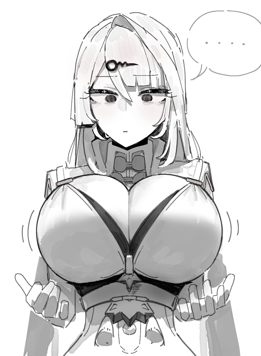 ...., 1girls, 2025, azz0422, big breasts, black and white, breasts, clothed, clothing, female, female only, fully clothed, hi res, hoyoverse, huge breasts, light skin, light-skinned female, long hair, looking down, mihoyo, simple background, white hair, yixuan (zenless zone zero), zenless zone zero