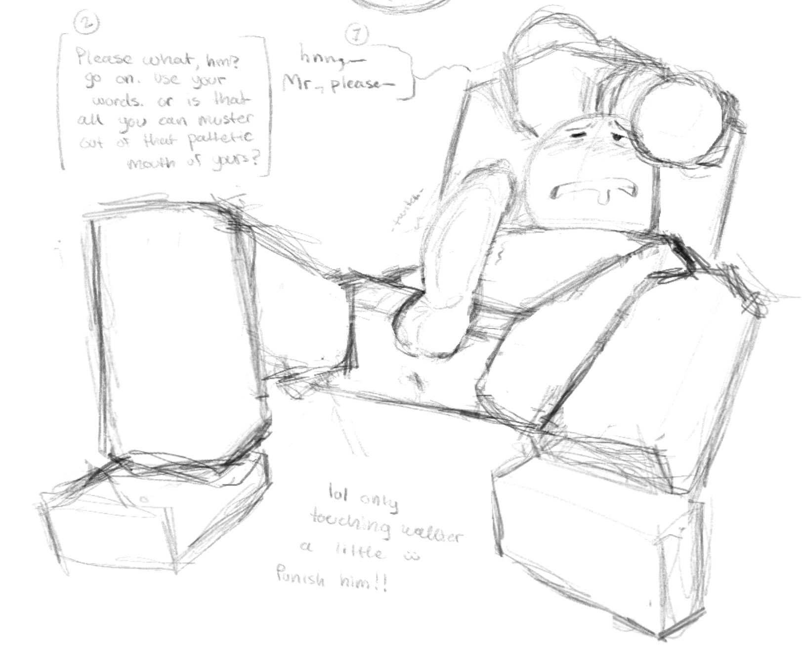 1boy, anus, anus peek, big penis, blocky body, blush, blush lines, dialogue, english text, erect penis, erection, exposed penis, from below, genital fluids, genitals, killbatos, male, male only, mr (regretevator), penis, penis out, precum, regretevator, roblox, roblox game, robloxian, sketch, solo, solo male, speech bubble, tagme, text, tied arms, tied up, wallter (regretevator)
