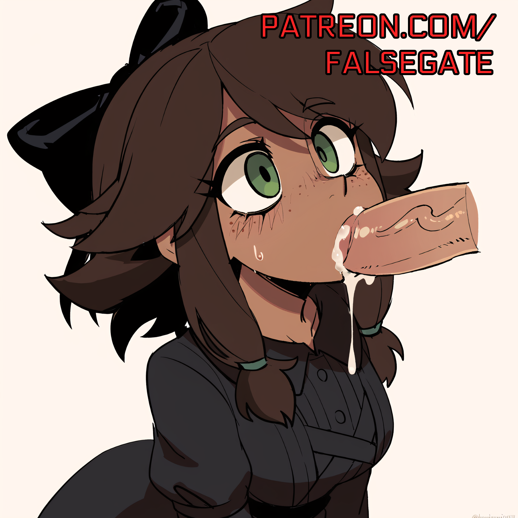 1boy, 1girls, absurd res, ai generated, black bow, black dress, bow, brown hair, brown skin, cum, cum in mouth, dark skin, dark skinned female, disembodied penis, dress, duo, falsegate, freckles, glitch productions, green eyes, hairbow, highres, leaking cum, medium hair, murder drones, oral, patreon, patreon username, penis, penis in mouth, self upload, stable diffusion, straight, sucking penis, tessa elliot, white background