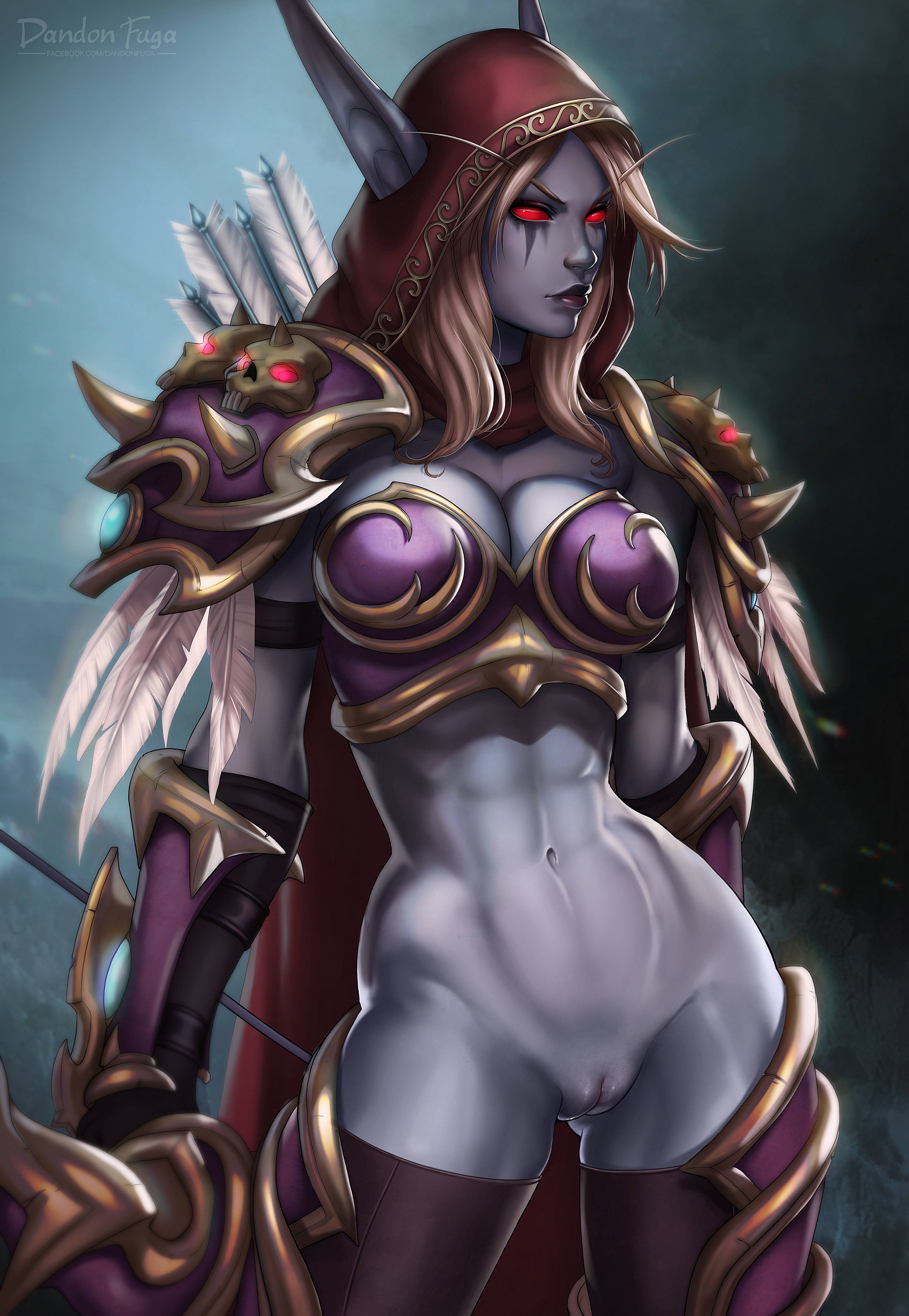 1girls, absurdres, armor, belly, bikini armor, blue skin, boots, bottomless, bow, breasts, dandon fuga, female, female only, highres, hood, large breasts, legs, long hair, navel, nipples, pointy ears, pussy, red eyes, solo, sylvanas windrunner, thigh boots, thighhighs, thighs, vagina, warcraft, weapon, world of warcraft