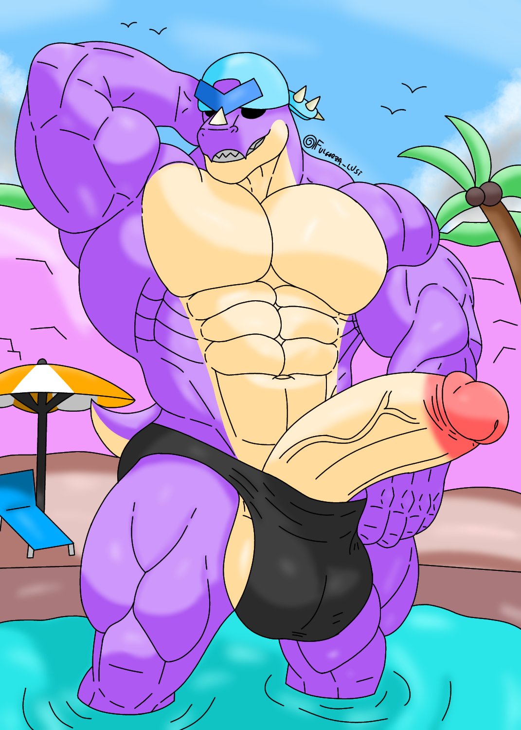 1boy, abs, armpits, artist logo, background, balls, balls in panties, ballsack, big muscles, big penis, brawl stars, cock, dinosaur, erect penis, erection, fulgoraga, gay, gay male, hat, homosexual, homosexual male, huge cock, huge muscles, male, male only, muscular, muscular male, partially clothed, pierce (brawl stars), pool, speedo, tail, underwear