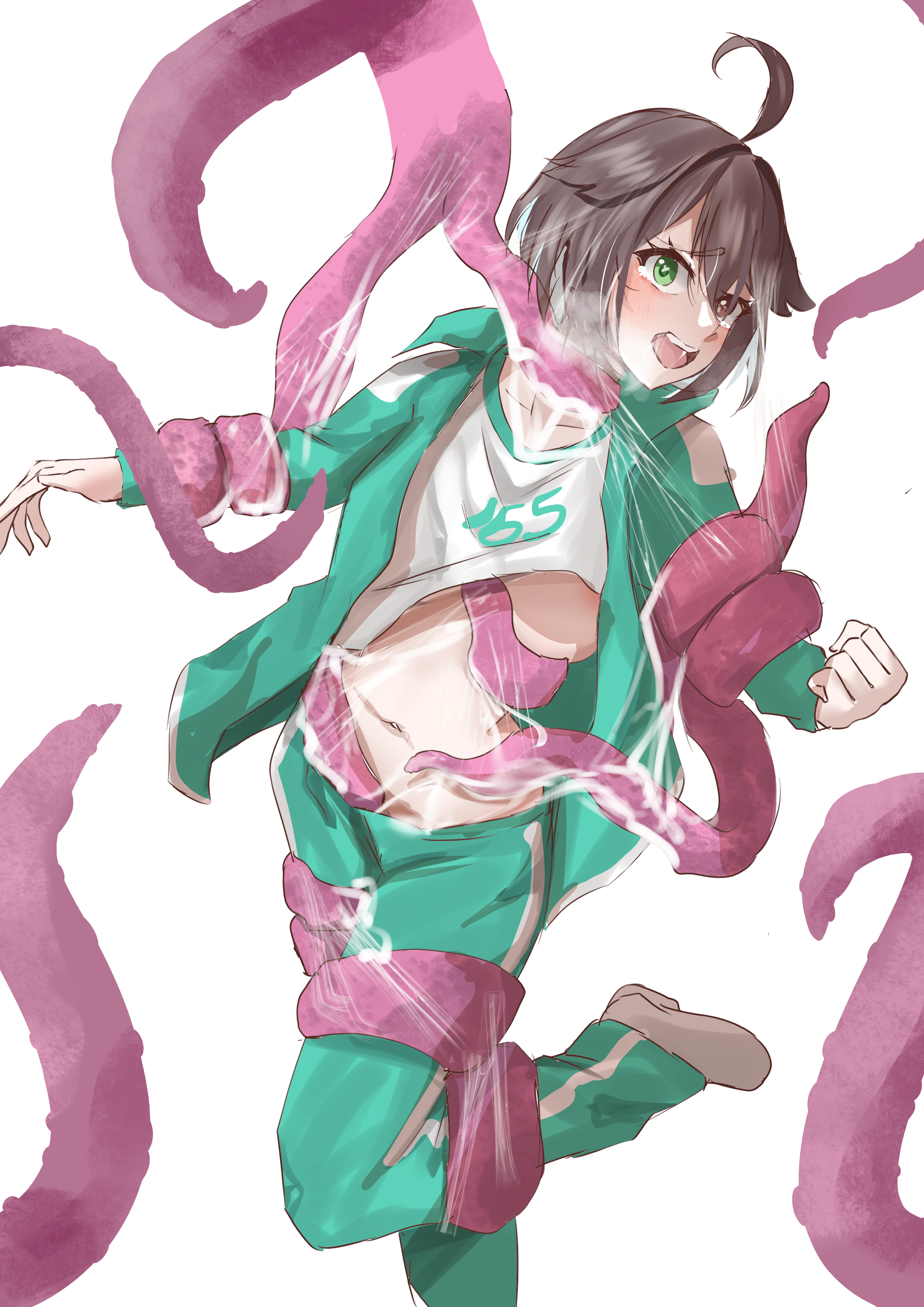 1girls, 2d, blush, breasts, brown eyes, brown hair, clothing, female, female focus, female only, green eyes, heterochromia, hi res, high resolution, highres, indie virtual youtuber, light skin, light-skinned female, medium breasts, meica, navel, nobo (artist), open mouth, scared, sexy, short hair, squid game, tentacle, tentacle rape, tentacle sex, thighs, tongue, two-tone hair, virtual youtuber, vtuber, vtuberfanart, white background