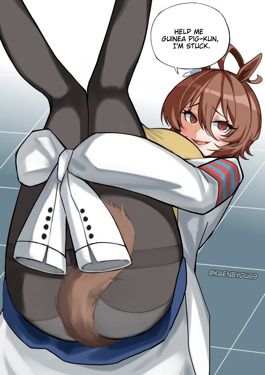 1girls, agnes tachyon (umamusume), animal ears, big breasts, black legwear, blush, breasts, brown eyes, brown hair, english text, female, female only, kaenby0u69, pantyhose, red eyes, short hair, sitting, solo, tail, thighband pantyhose, umamusume, umamusume pretty derby