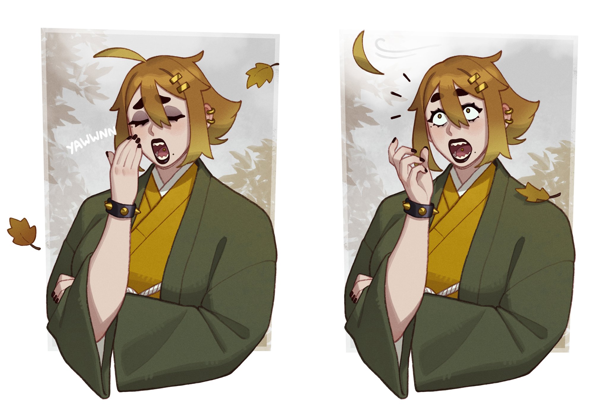 1girls, ahoge, autumn, autumn leaves, big breasts, black lipstick, black nails, green clothing, haori, japanese clothes, kimono, midori (rizdraws), obi, oc, orange hair, original, original character, rizdraws, sharp teeth, spiked bracelet, suprised look, yawn, yellow clothing