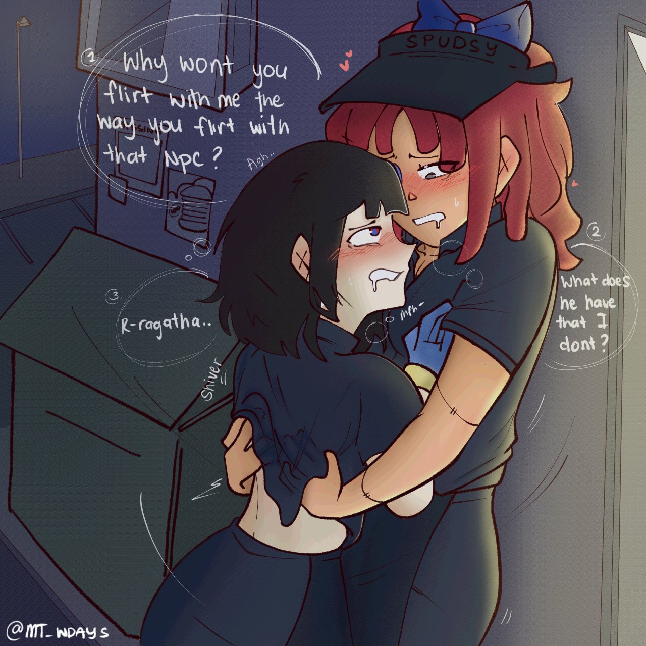 2girls, back alley, black hair, black-haired female, blush, dialogue, drunk, fast food uniform, glitch productions, gooseworx, hands on back, hands on chest, hands under clothes, humanized, imminent kiss, imminent sex, jealous, jealous female, lesbian couple, looking into eyes, pomni, pomni (tadc), pomni (the amazing digital circus), ragatha, ragatha (tadc), ragatha (the amazing digital circus), red hair, red-haired female, sexual tension, tagme, tagme (artist), tagme (source), the amazing digital circus, yuri