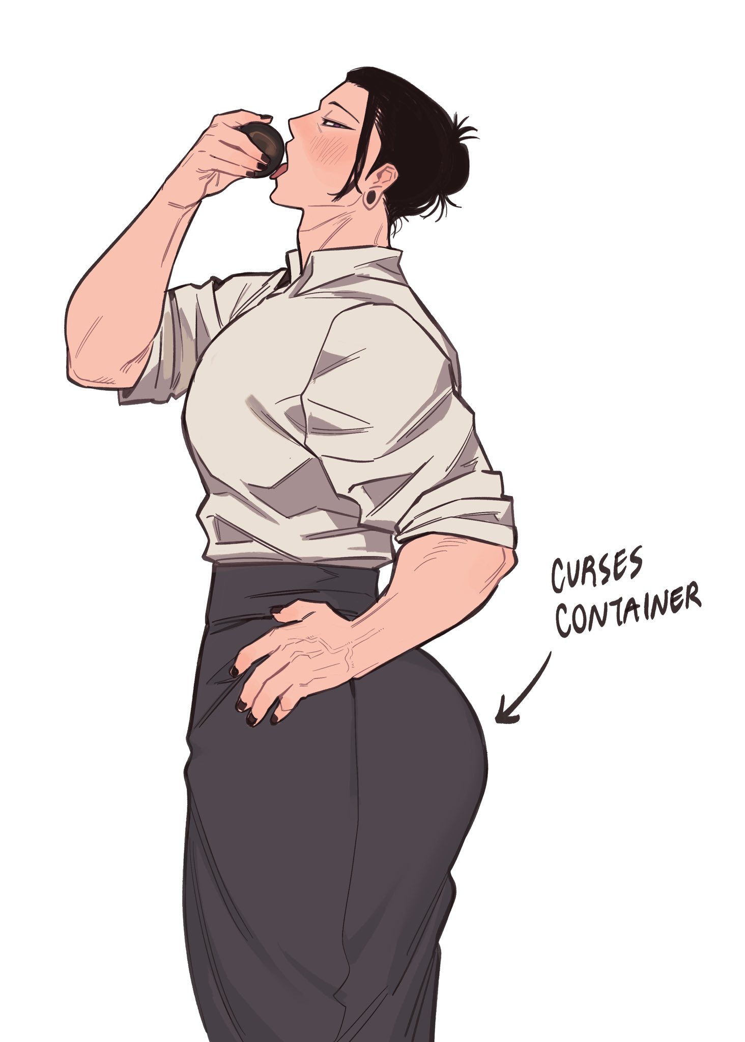 1boy, 2d, 2d (artwork), big ass, black hair, button down shirt, clothed, eating, evil container, fully clothed, hair bun, jujutsu kaisen, looking at viewer, male, male only, nonsenseatnight, open mouth, painted nails, rolled up sleeves, solo, suguru geto, veiny muscles