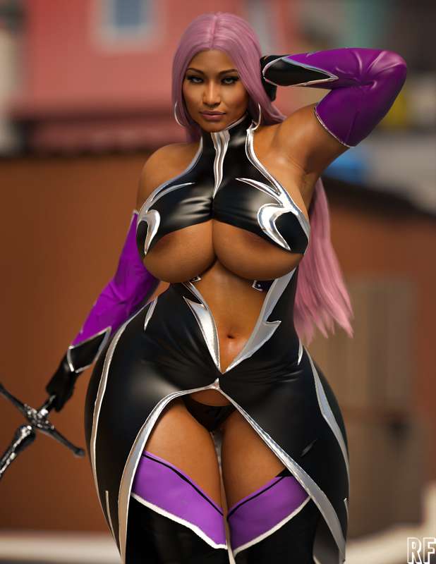 1girls, 3d, 3d (artwork), armpit, ass, big ass, big breasts, breasts, cosplay, dark-skinned female, female, female only, hell knight, hell knight (outfit), ingrid (taimanin asagi), makai kishi ingrid, nicki minaj, nicki minaj (cod), pink hair, rude frog, sword, thick thighs, wardrobe malfunction