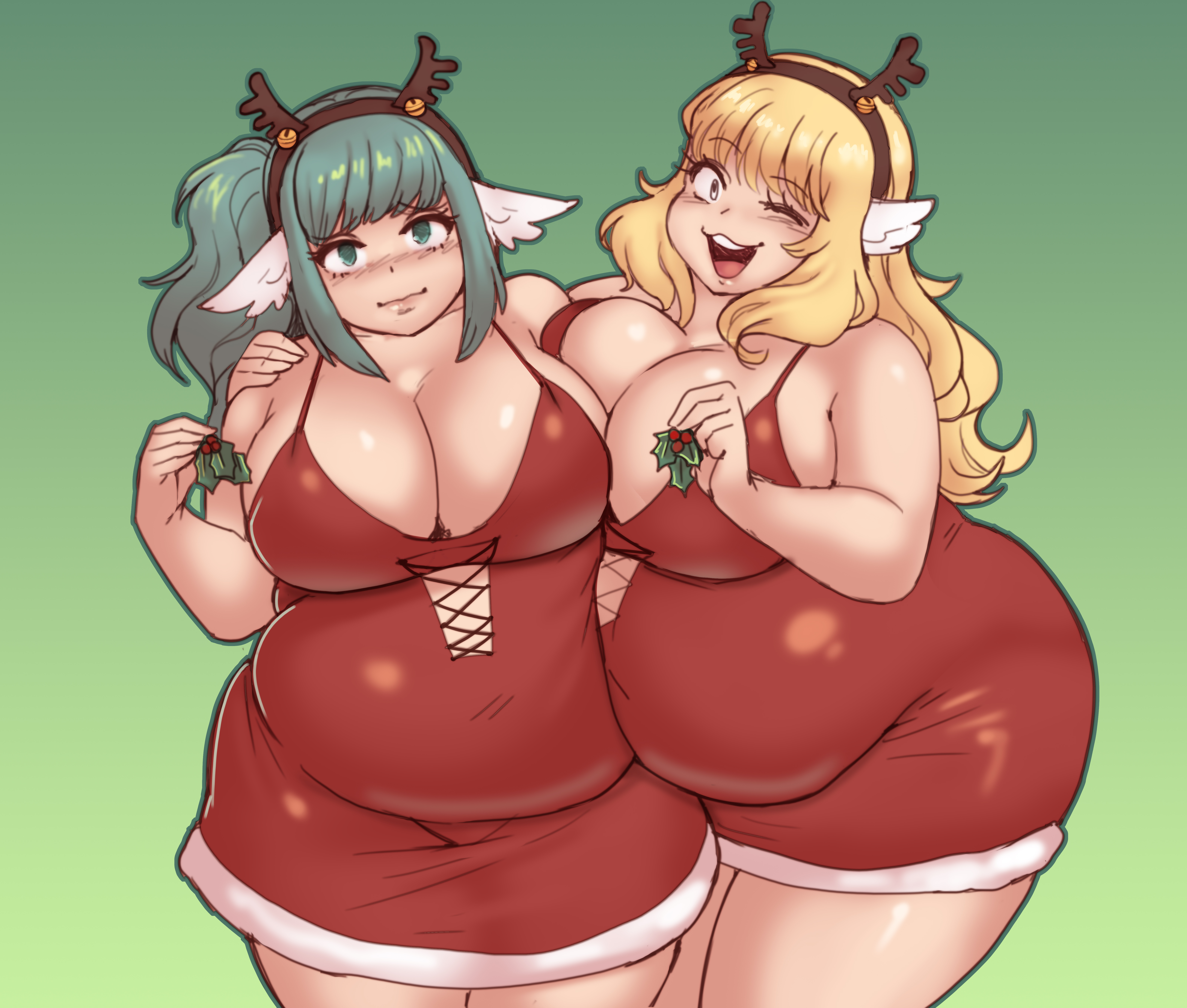 :3d, 2girls, aika (kipteitei), bbw, belly, belly button, big ass, big belly, big breasts, big butt, big hips, blonde hair, christmas outfit, chubby, chubby belly, cleavage, color, dress, fat, fat belly, fat female, feathered ears, green hair, huge ass, huge belly, huge breasts, huge butt, huge hips, kip (kipteitei), kipteitei, looking at viewer, looking down, obese, obese female, overweight, overweight female, simple background, ssbbw, voluptuous, wide hips, wink
