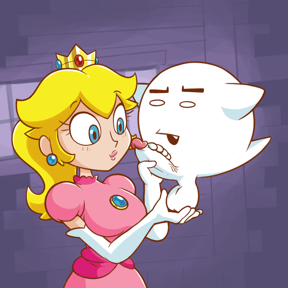 1boy, 1girls, balls, blonde hair, blue eyes, blush, boo (mario), clothed female nude male, clothing, crown, dress, duo, elbow gloves, erection, fangs, female, floating, ghost, gloves, hair, handjob, human, indoors, male, mammal, mario (series), miscon, nintendo, nude, paper mario, penis, princess peach, straight