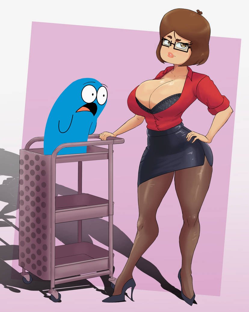1girls, aged up, bewitching thighs, big ass, big breasts, black bra, black skirt, bloo, bra peek, breasts, brown eyes, brown hair, cartoon network, cleavage, female, female focus, foster's home for imaginary friends, front view, full body, gearthefae, genderswap (mtf), glasses, hi res, high heels, highres, imaginary friend, looking at breasts, mac (fhfif), miniskirt, office lady, open shirt, pantyhose, rule 63, short skirt, skirt, wide hips