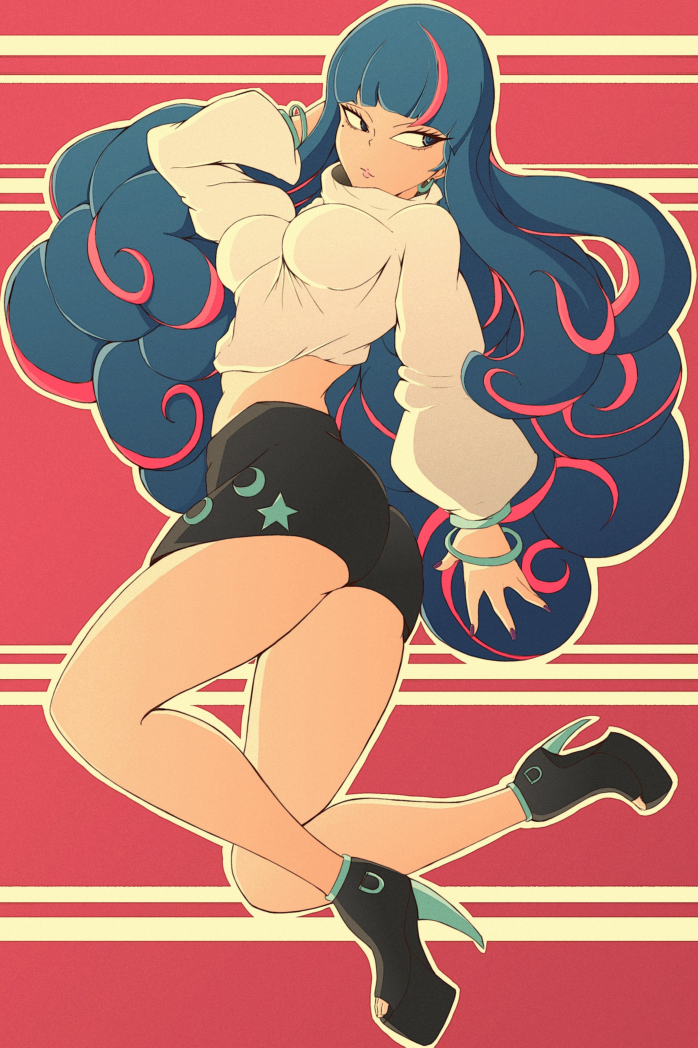 1girls, absurd res, absurdres, ada (boruto), ass, ass focus, bare legs, bare thighs, beauty mark, big ass, big butt, bike shorts, black heels, black high heels, blue eyes, blue hair, boruto: two blue vortex, bracelet, bracelets, breasts, butt, ceaga201, clothed, clothed female, crop top, ear piercing, ear ring, earrings, eida (boruto), eyelashes, female, female focus, female only, heels, hi res, high heels, high quality, high resolution, highres, jewelry, large ass, light skin, light-skinned female, lips, lipstick, long fingernails, long hair, long legs, long nails, looking away, looking to the side, makeup, medium breasts, minishorts, nail polish, naruto, naruto (series), open toe shoes, painted nails, pale skin, pale-skinned female, perky breasts, pink highlights, pink lips, pink lipstick, pinup, platform heels, pose, posing, presenting ass, presenting butt, purple nail polish, purple nails, shonen jump, short shorts, shorts, shounen jump, shueisha, solo, solo female, solo focus, stiletto heels, sweater, teen, teen girl, teenage girl, teenager, tight clothing, toes, very high resolution, wavy hair, weekly shonen jump, weekly shounen jump